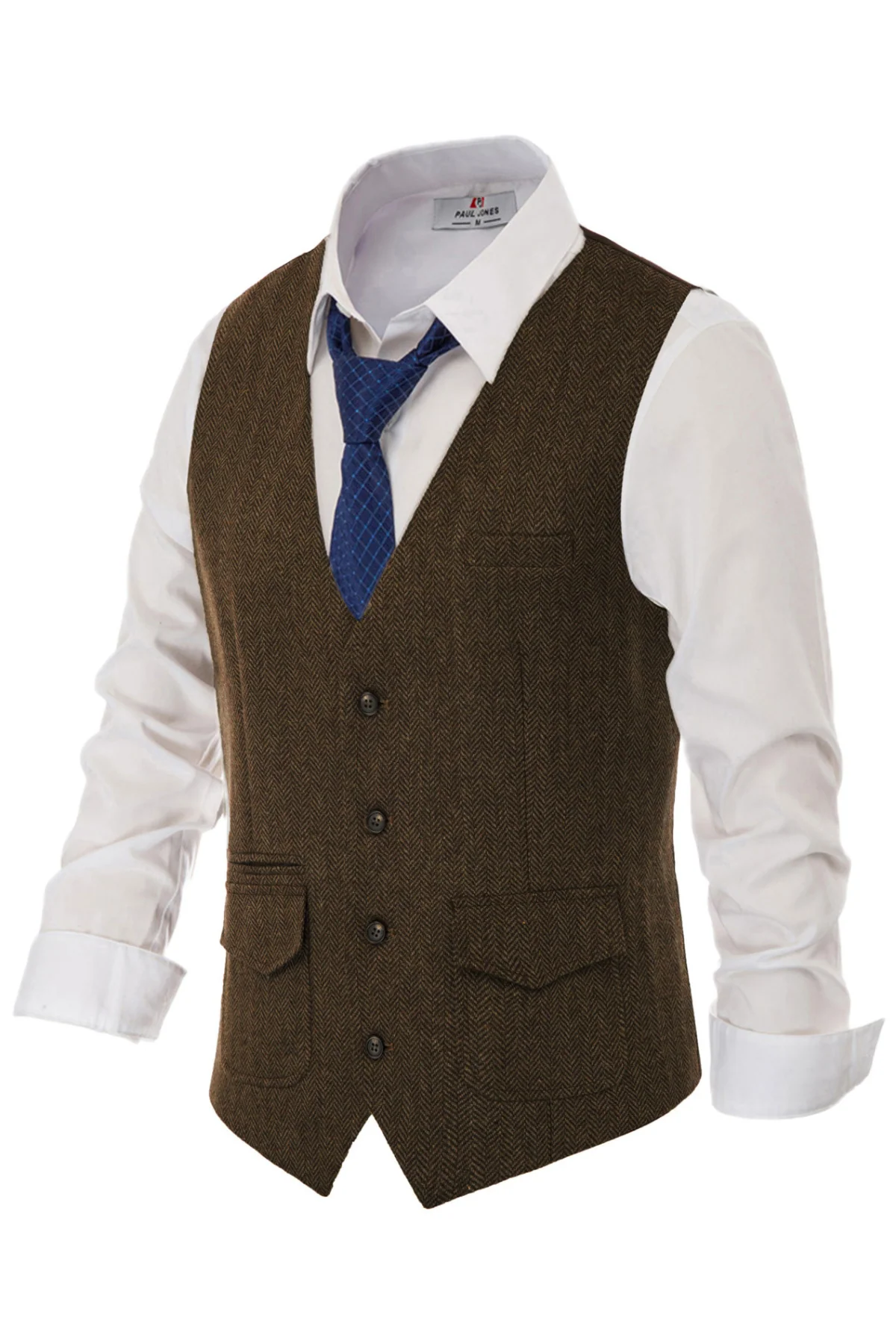 Men's British Herringbone Tweed Vest Casual Wool Blend Waistcoat with Pockets - Image 25