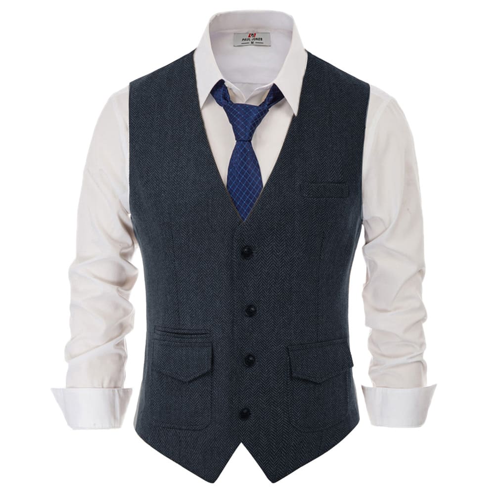 Men's British Herringbone Tweed Vest Casual Wool Blend Waistcoat with Pockets - Image 3