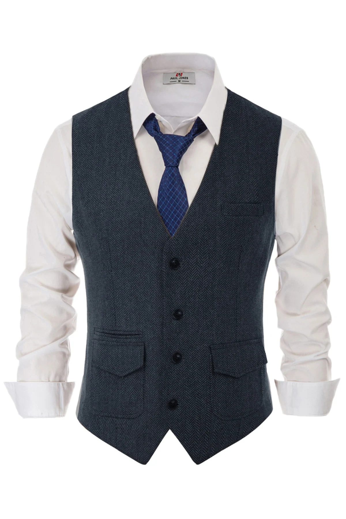Men's British Herringbone Tweed Vest Casual Wool Blend Waistcoat with Pockets - Image 4