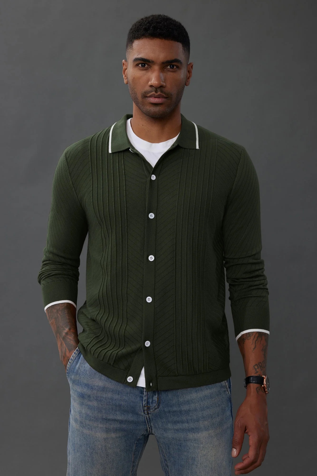 Mens Button Down Long Sleeve Cardigan Sweaters Cable Knit Polo Collar Knitwear Shirt - Image 11