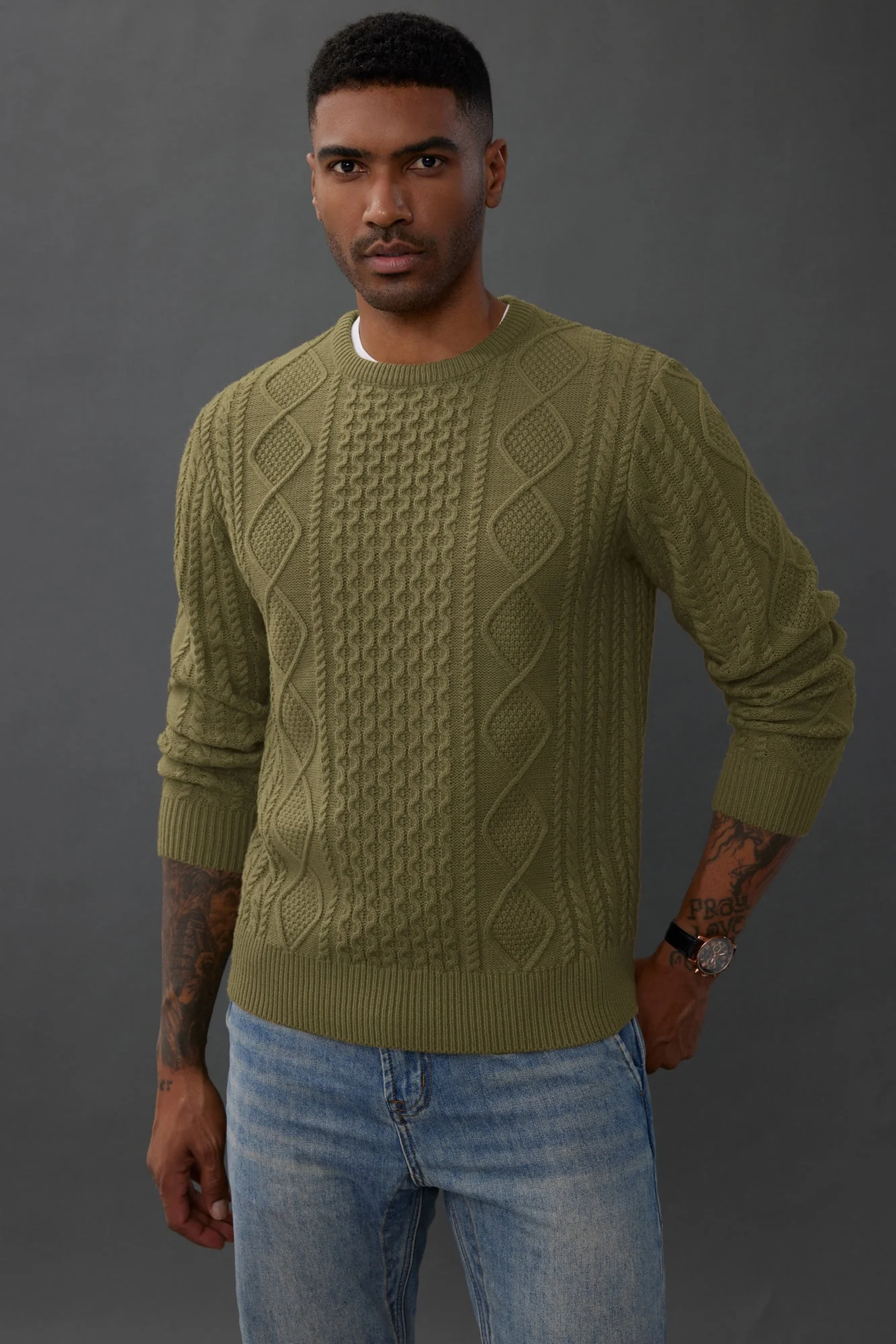 Men's Cable Knit Pullover Long Sleeve Ribbed Knit Pullover Regular Fit Crew Neck Jumper Sweater - Image 5