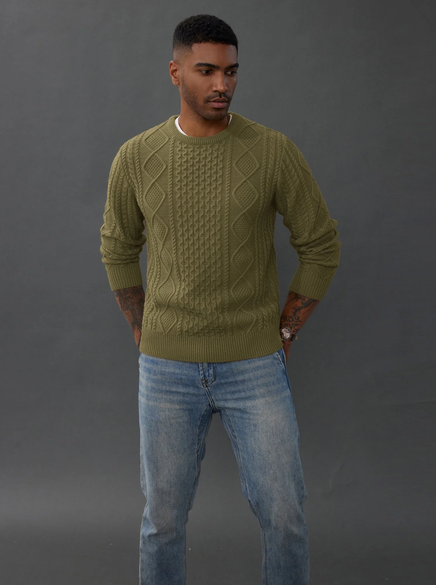 Men's Cable Knit Pullover Long Sleeve Ribbed Knit Pullover Regular Fit Crew Neck Jumper Sweater - Image 6