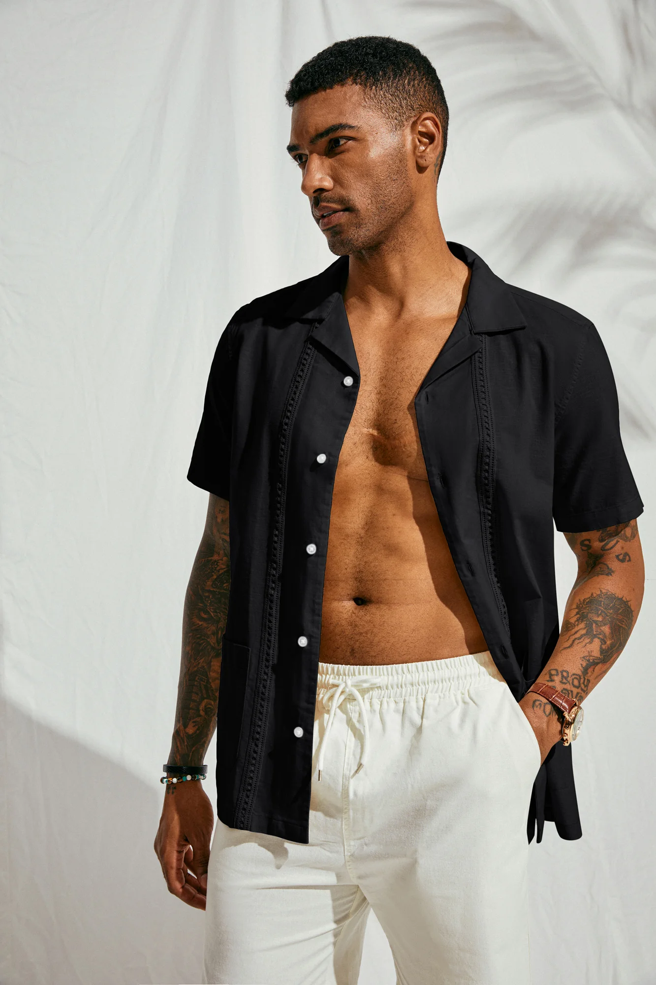 Mens Casual Button Down Shirts Linen Cuban Guayabera Beach Shirt - Image 5