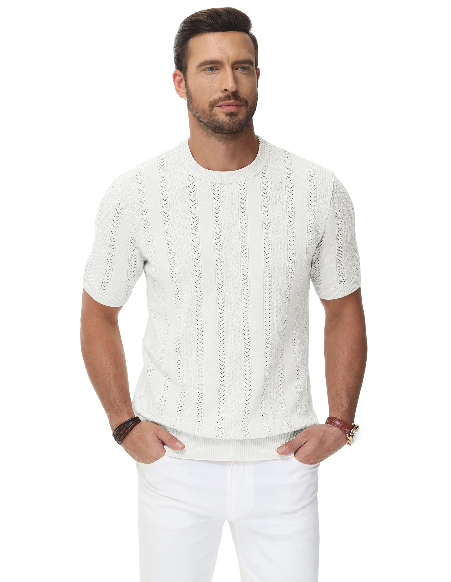 Men's Casual Knit Short Sleeve Crewneck Hollow Out Knitted Pullover T-Shirts - Image 23