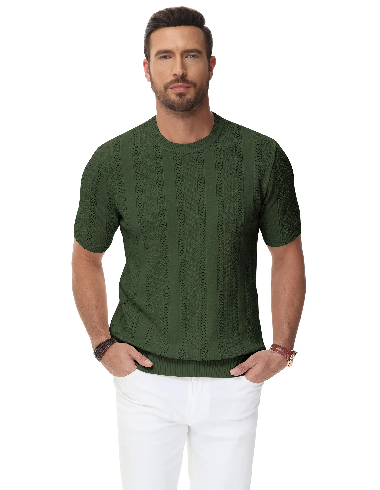 Men's Casual Knit Short Sleeve Crewneck Hollow Out Knitted Pullover T-Shirts - Image 24