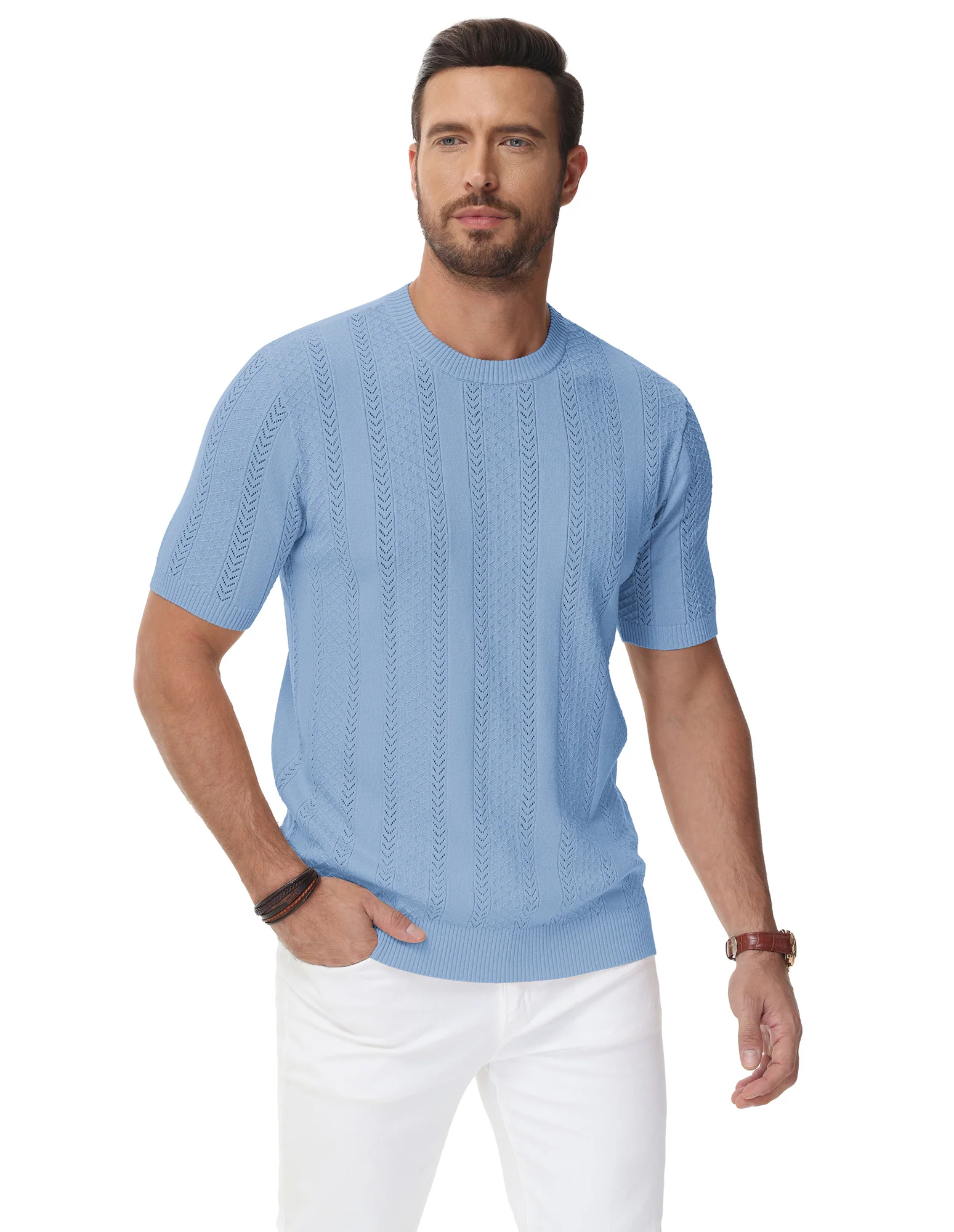Men's Casual Knit Short Sleeve Crewneck Hollow Out Knitted Pullover T-Shirts - Image 31