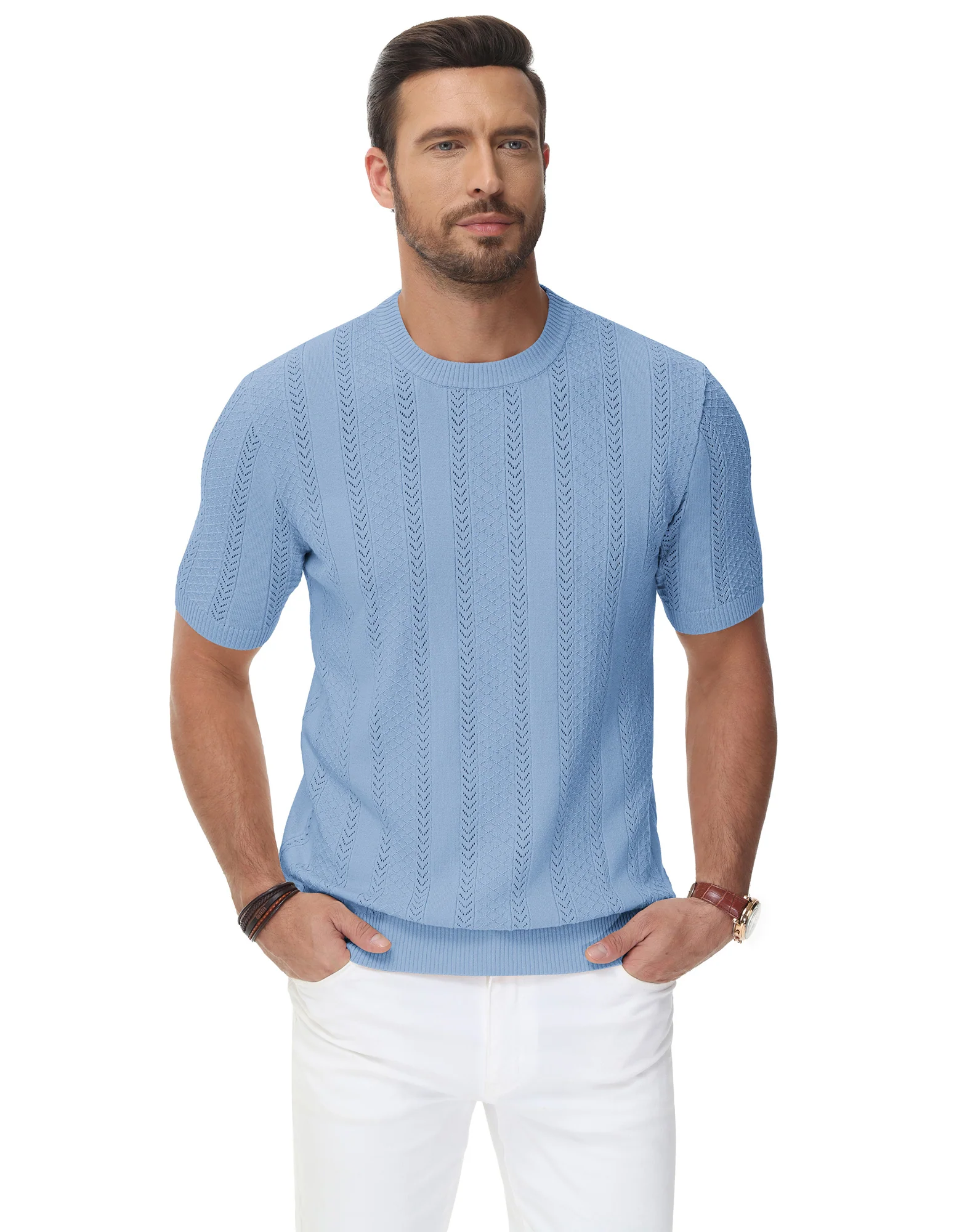 Men's Casual Knit Short Sleeve Crewneck Hollow Out Knitted Pullover T-Shirts - Image 33