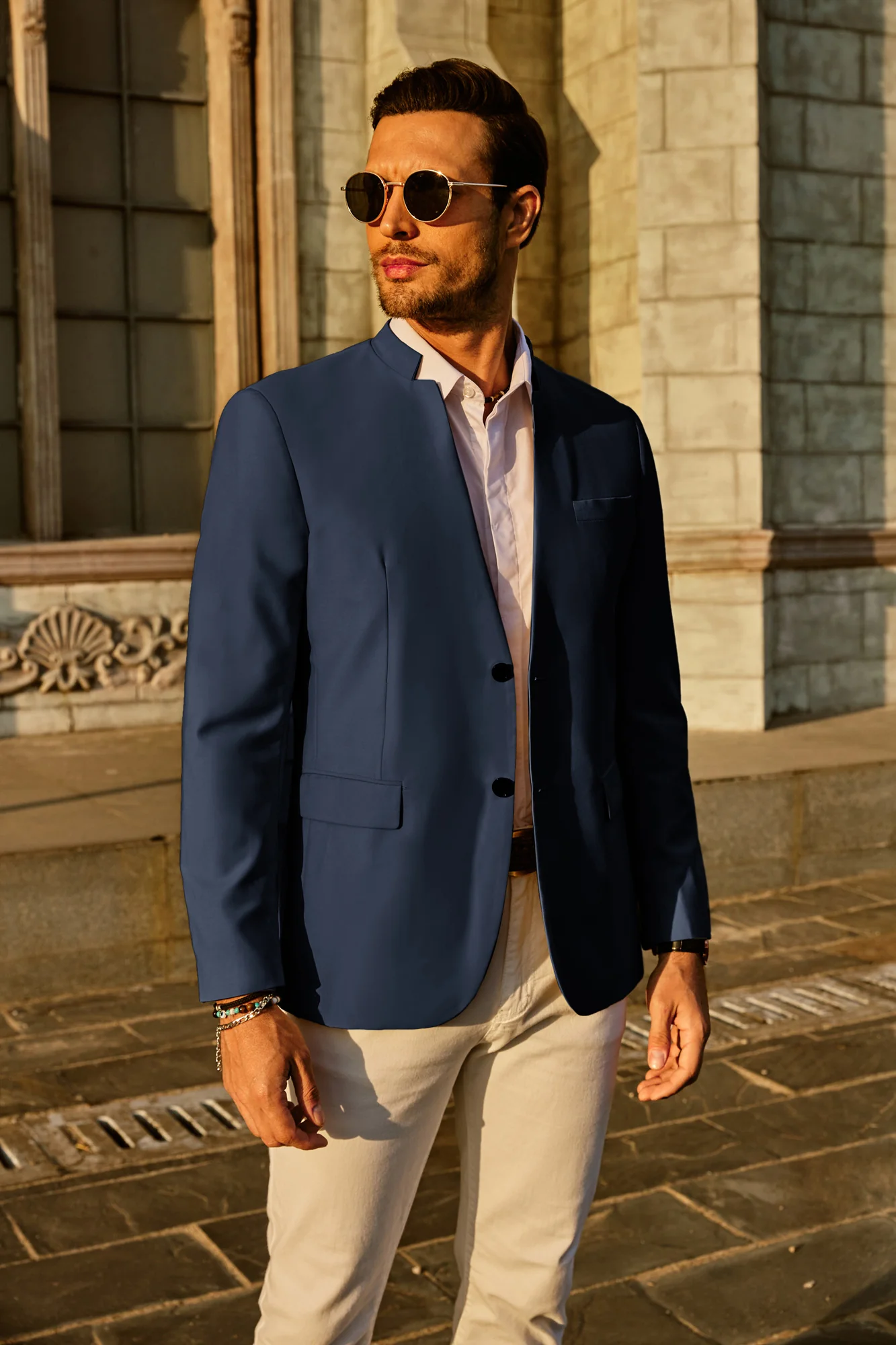 Mens Casual Suit Two Button Blazer Jackets Stand Mandarin Collar Sport Coat - Image 6