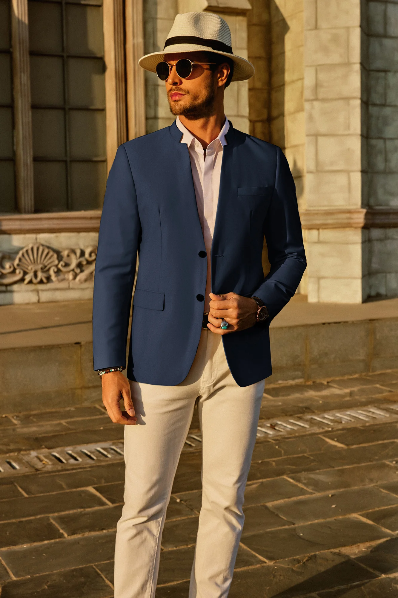 Mens Casual Suit Two Button Blazer Jackets Stand Mandarin Collar Sport Coat - Image 7
