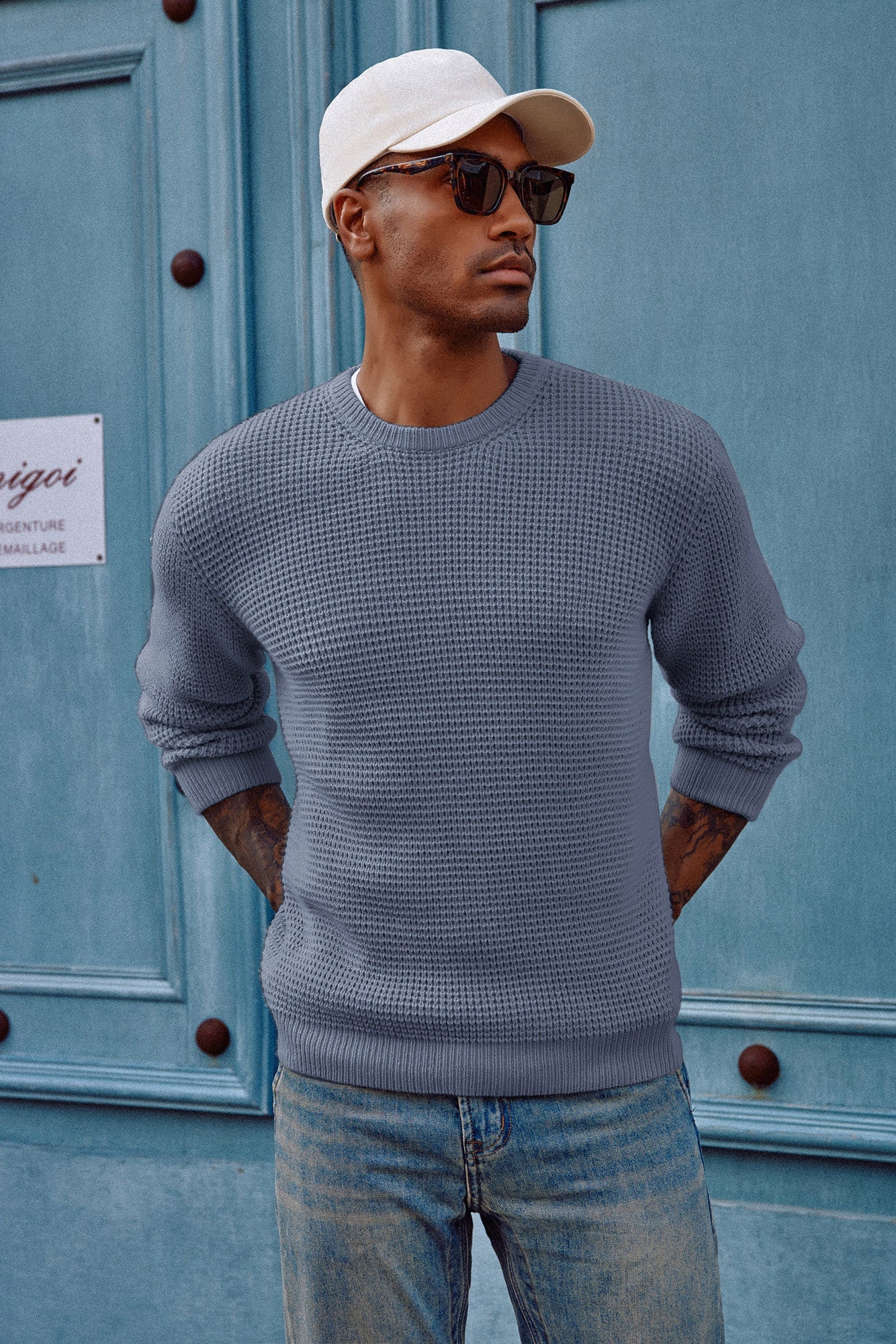 Mens Crewneck Pullover Sweater Waffle Textured Long Sleeve Knitted Sweater - Image 36