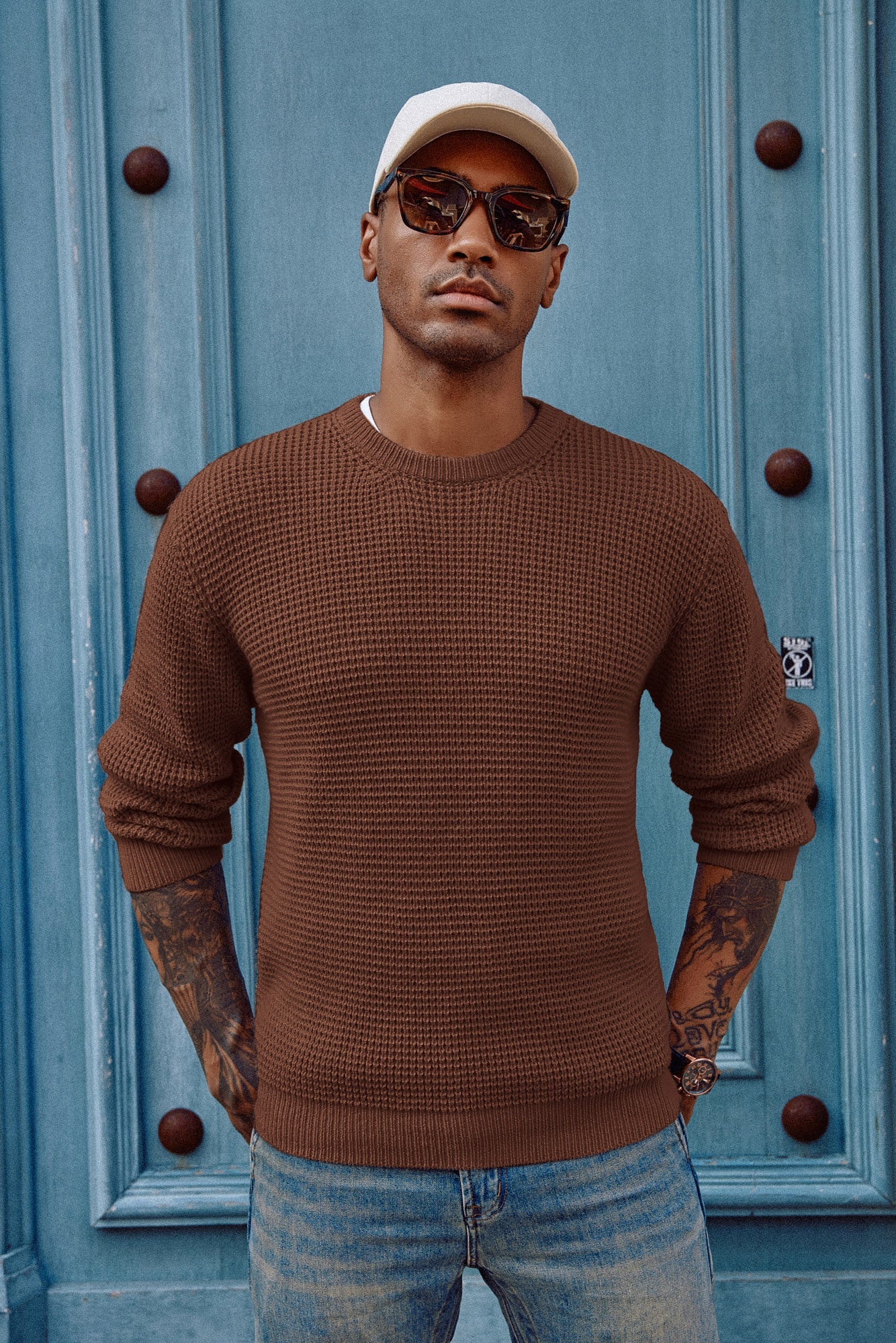 Mens Crewneck Pullover Sweater Waffle Textured Long Sleeve Knitted Sweater - Image 41