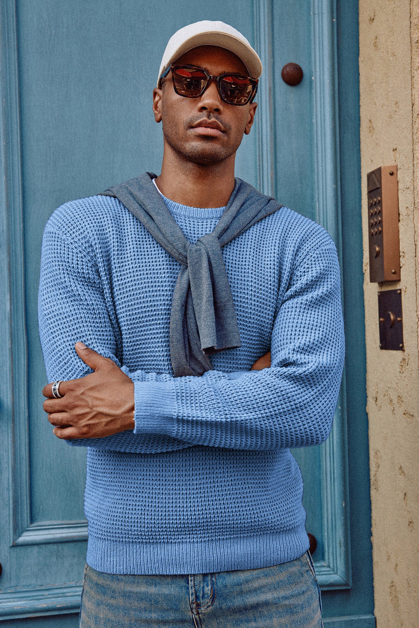 Mens Crewneck Pullover Sweater Waffle Textured Long Sleeve Knitted Sweater - Image 57