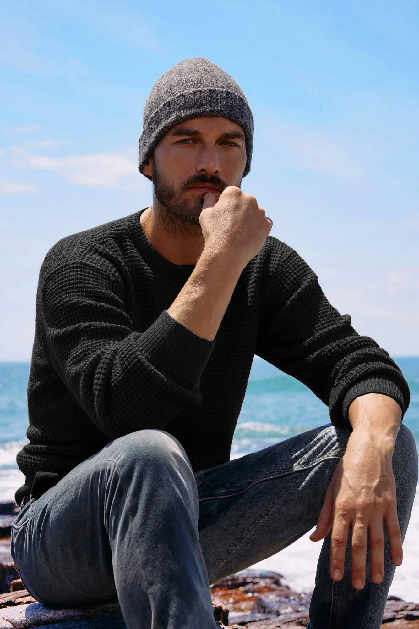 Mens Crewneck Pullover Sweater Waffle Textured Long Sleeve Knitted Sweater - Image 6