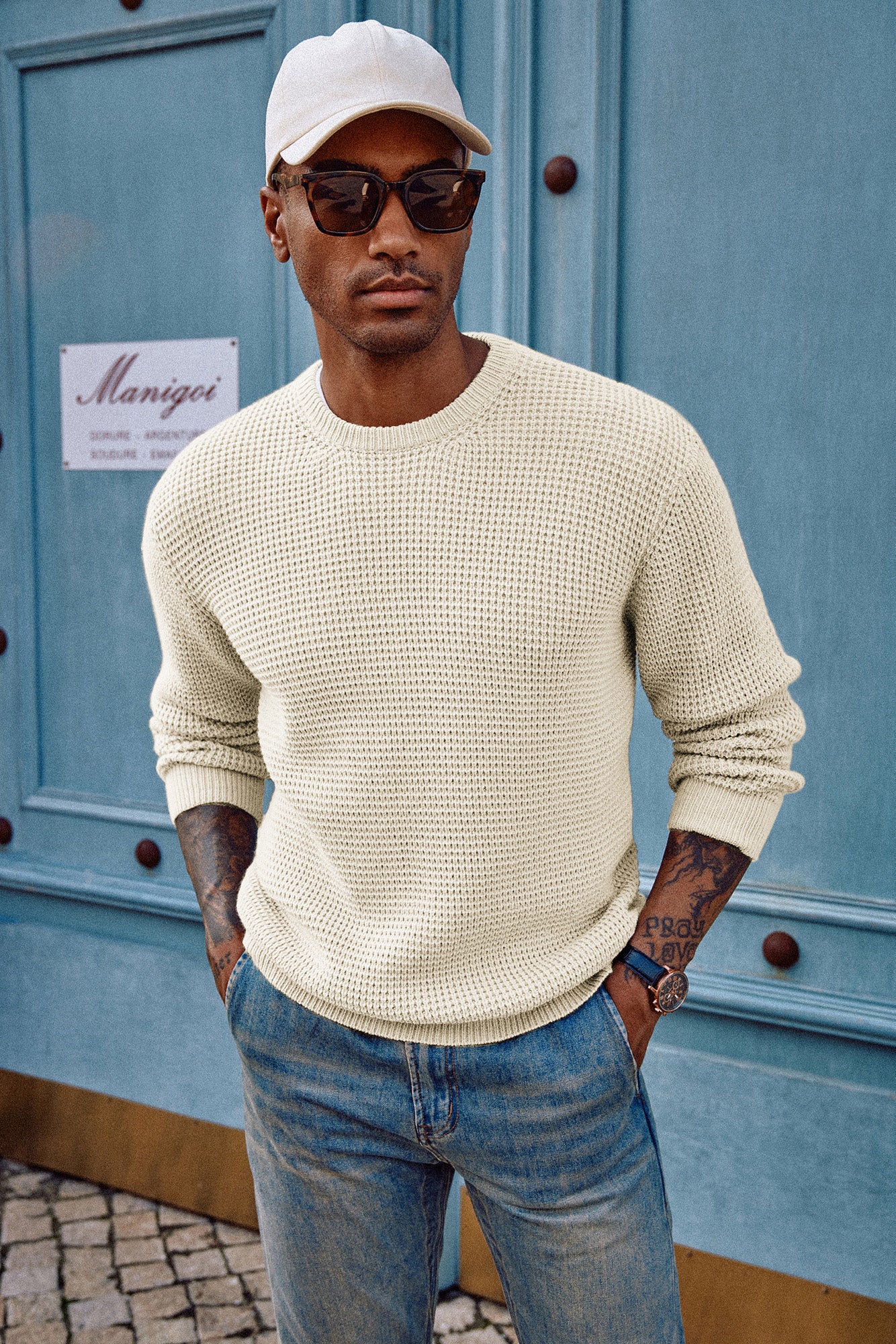 Mens Crewneck Pullover Sweater Waffle Textured Long Sleeve Knitted Sweater - Image 64