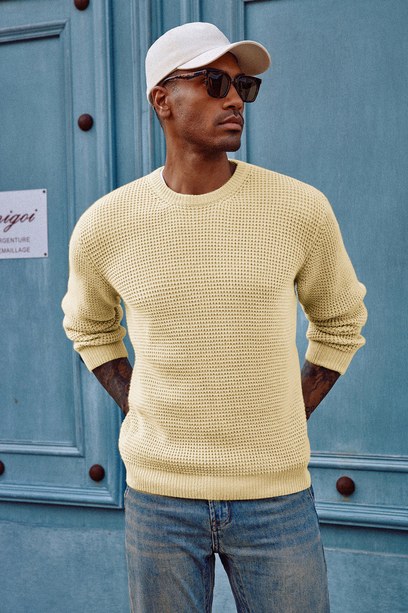 Mens Crewneck Pullover Sweater Waffle Textured Long Sleeve Knitted Sweater - Image 71