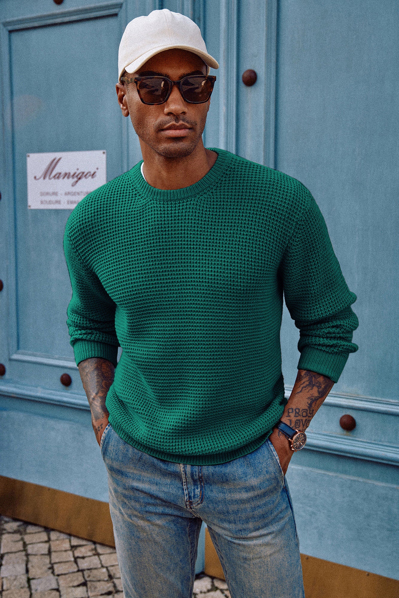 Mens Crewneck Pullover Sweater Waffle Textured Long Sleeve Knitted Sweater - Image 75