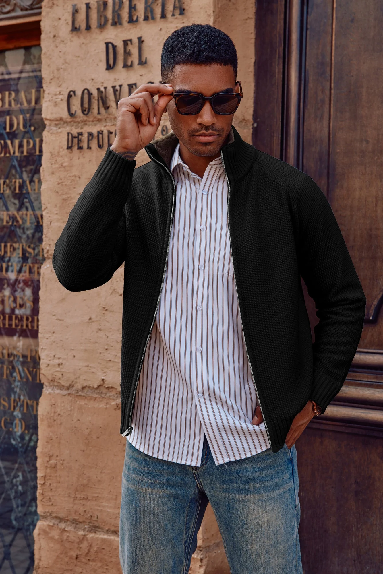 Mens Full Zip Cardigan Sweater Slim Fit Stand Collar Zip Up Sweaters - Image 6