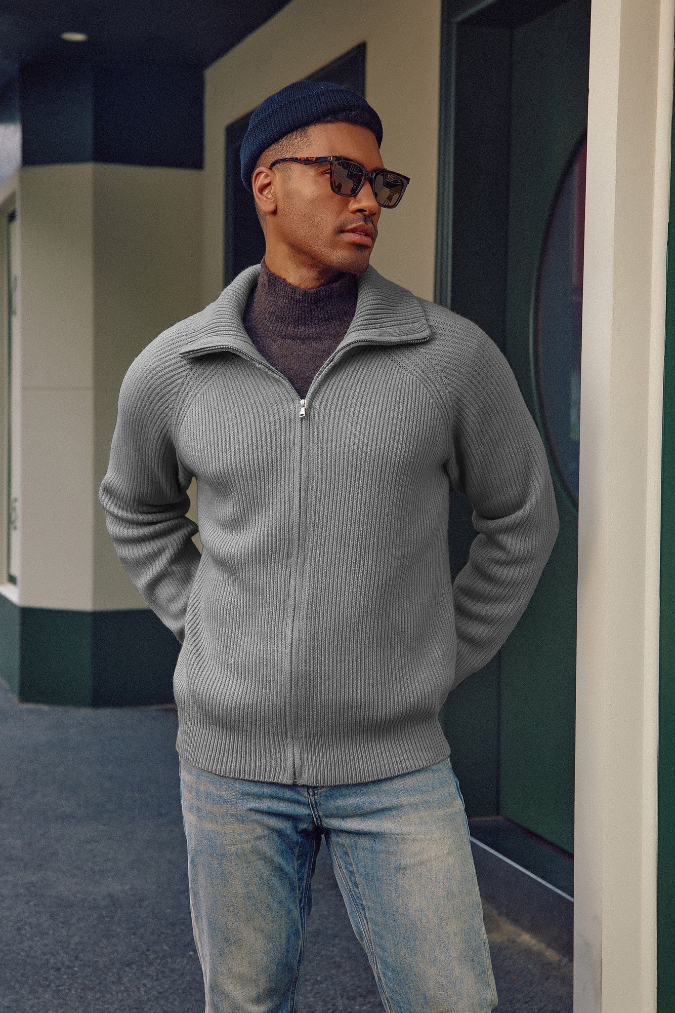 Men's Full Zip Cardigan Sweaters Unisex Lapel Collar Raglan Long Sleeve Casual Ribbed Sweater - Image 22