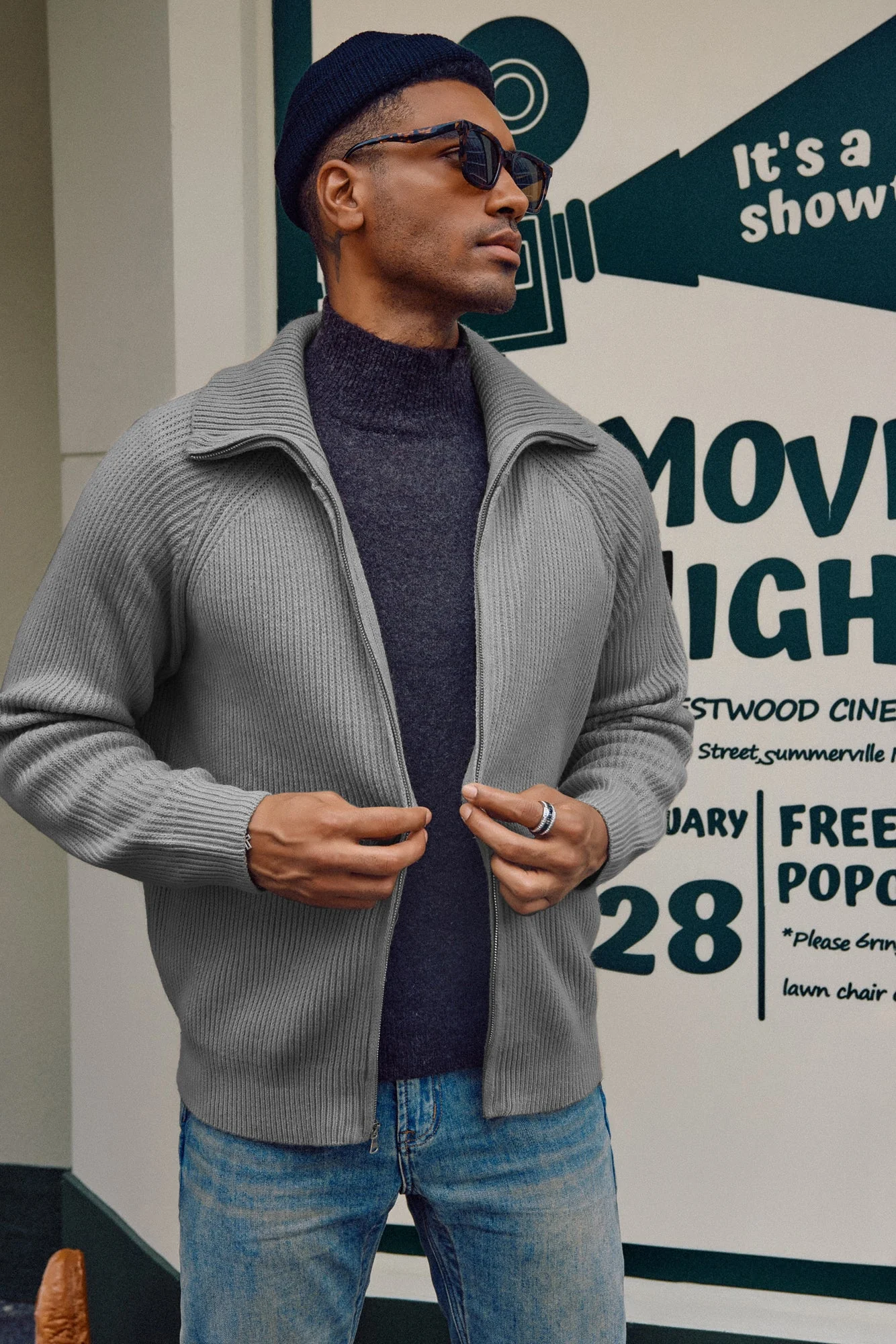 Men's Full Zip Cardigan Sweaters Unisex Lapel Collar Raglan Long Sleeve Casual Ribbed Sweater - Image 23