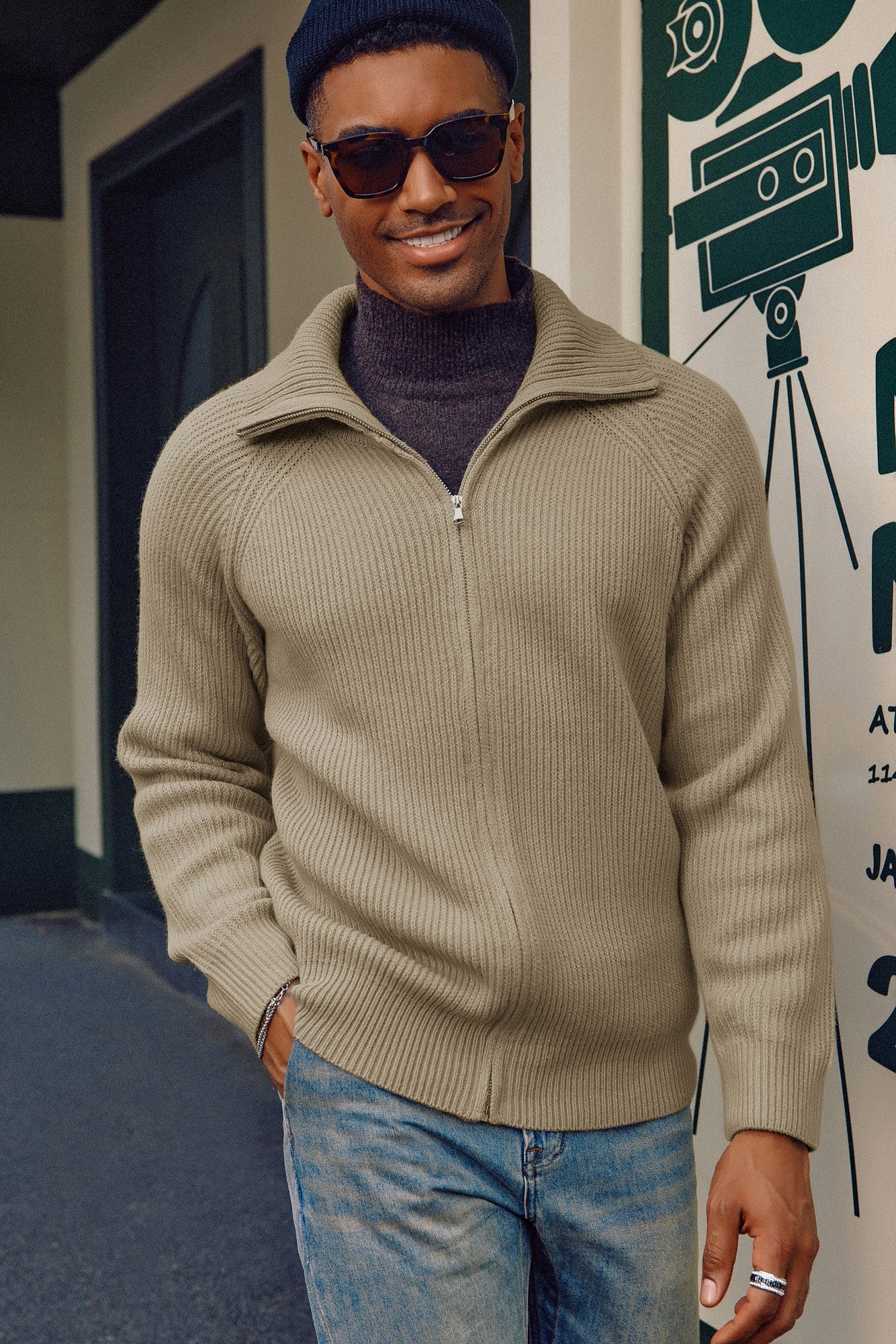 Men's Full Zip Cardigan Sweaters Unisex Lapel Collar Raglan Long Sleeve Casual Ribbed Sweater - Image 30