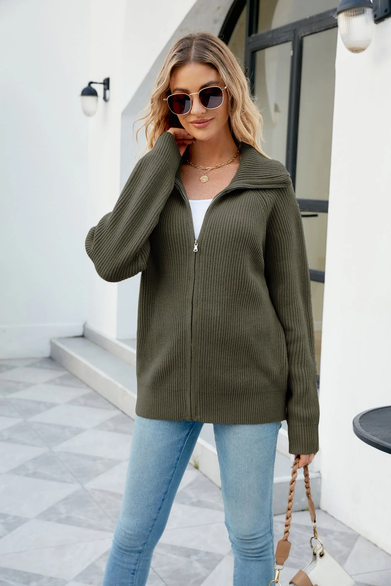 Men's Full Zip Cardigan Sweaters Unisex Lapel Collar Raglan Long Sleeve Casual Ribbed Sweater - Image 38