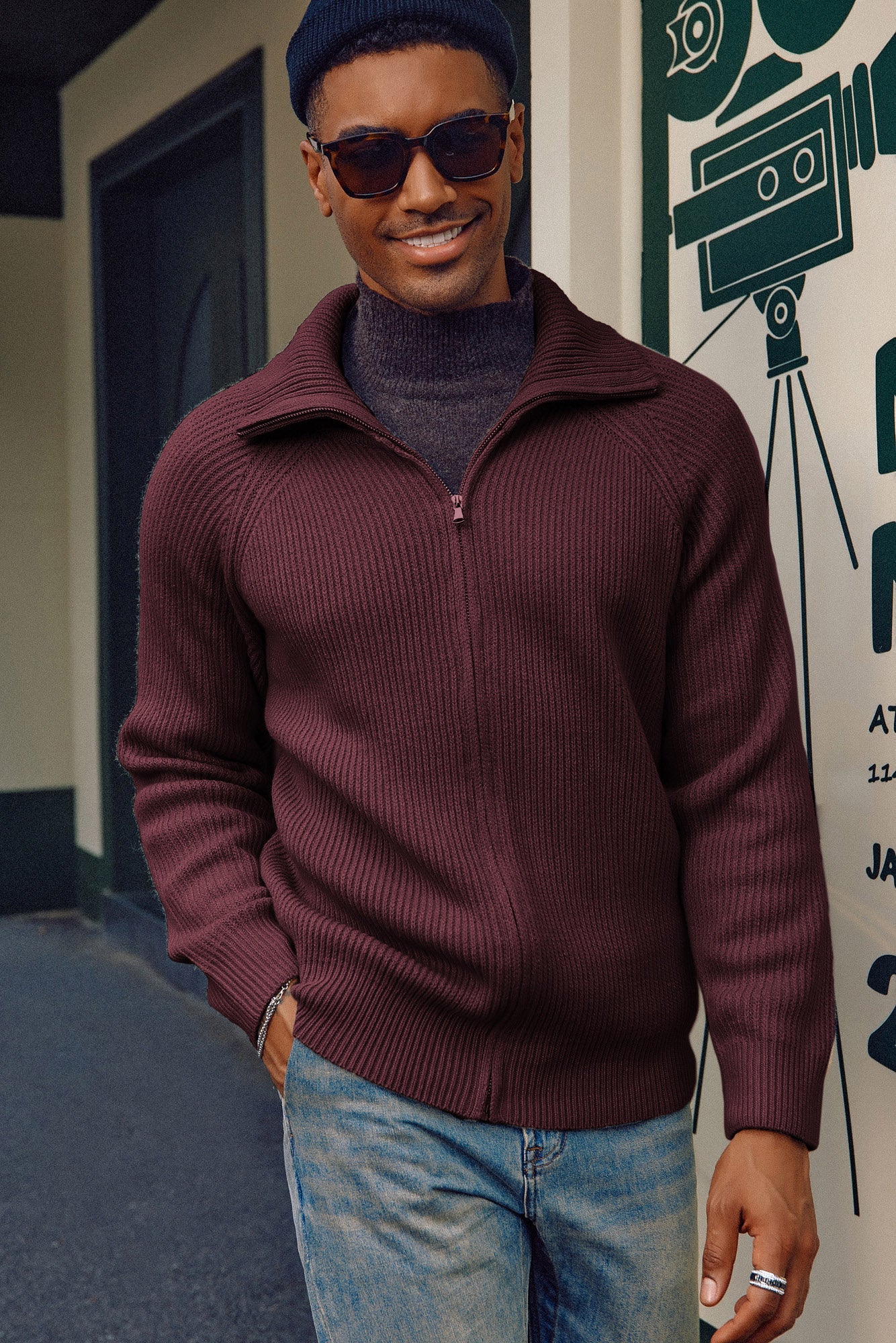 Men's Full Zip Cardigan Sweaters Unisex Lapel Collar Raglan Long Sleeve Casual Ribbed Sweater - Image 46