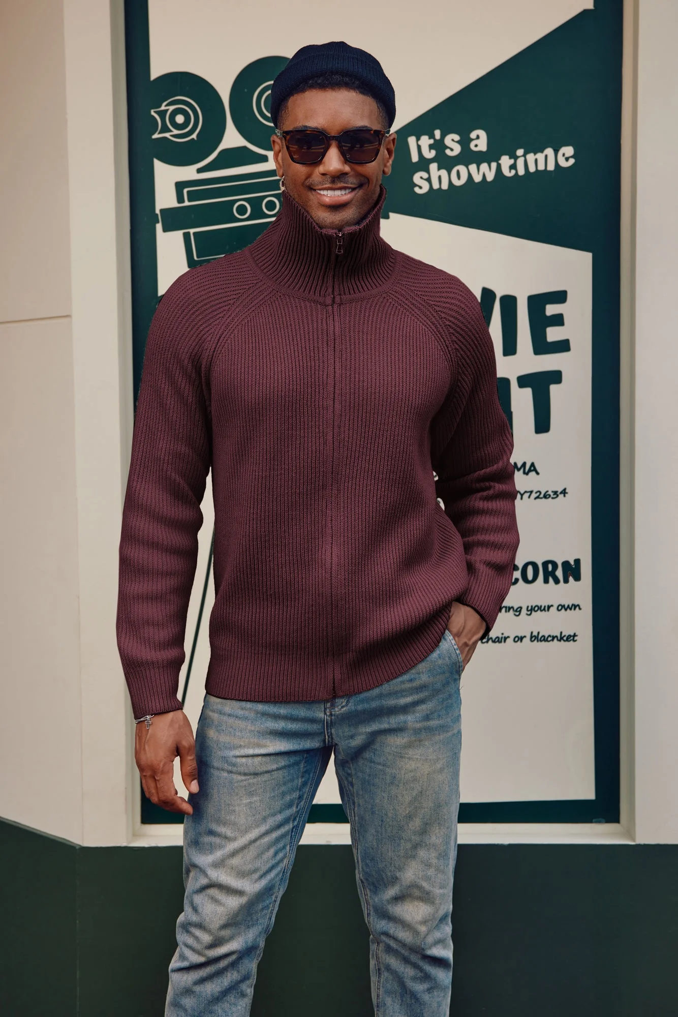 Men's Full Zip Cardigan Sweaters Unisex Lapel Collar Raglan Long Sleeve Casual Ribbed Sweater - Image 47