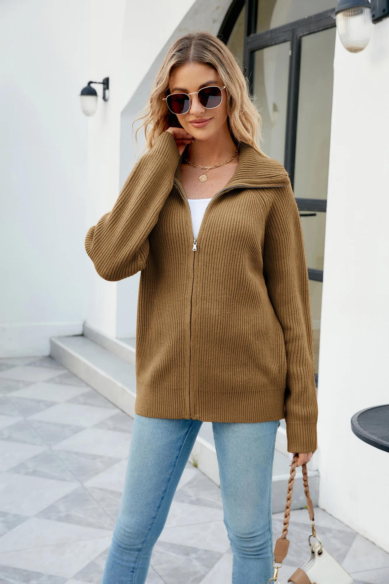 Men's Full Zip Cardigan Sweaters Unisex Lapel Collar Raglan Long Sleeve Casual Ribbed Sweater - Image 74