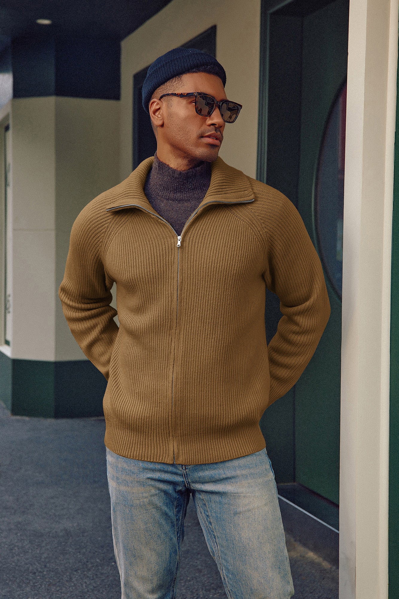 Men's Full Zip Cardigan Sweaters Unisex Lapel Collar Raglan Long Sleeve Casual Ribbed Sweater - Image 79