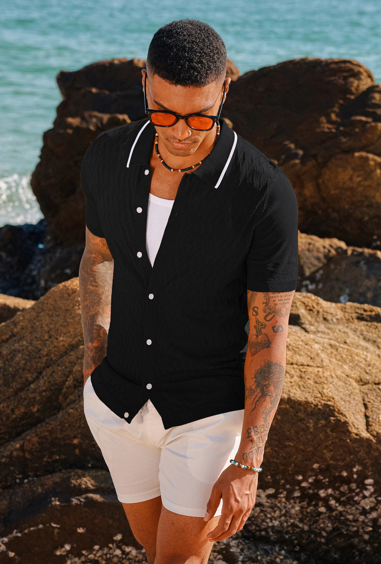 Men's Knit Button Down Short Cardigan Shirts Vintage Polo Shirts Casual Beach Shirts - Image 9