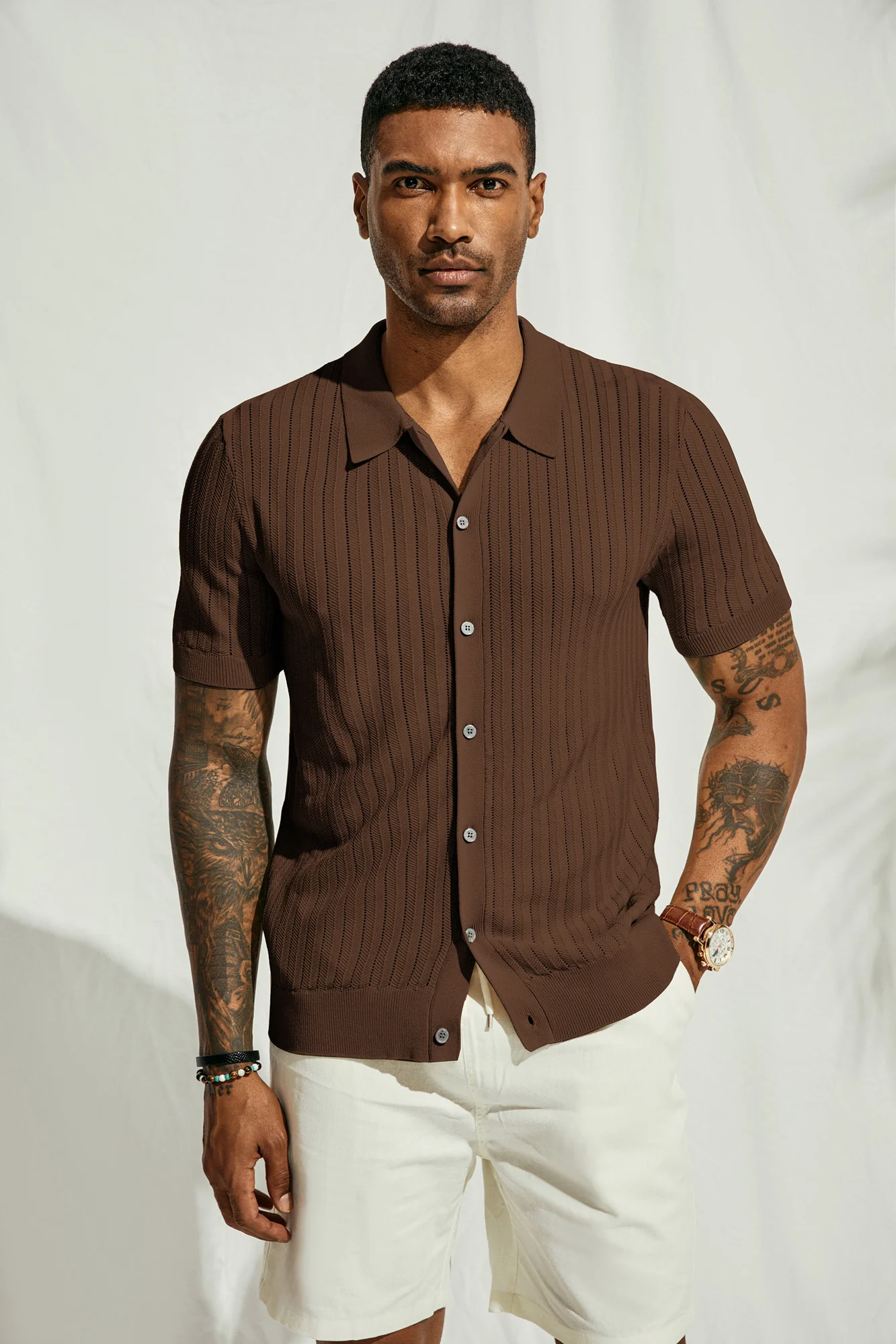 Mens Knit Polo Shirts Hollow Out Short Sleeve Lapel Collar Button-up Front Polo Cardigan Shirt - Image 15