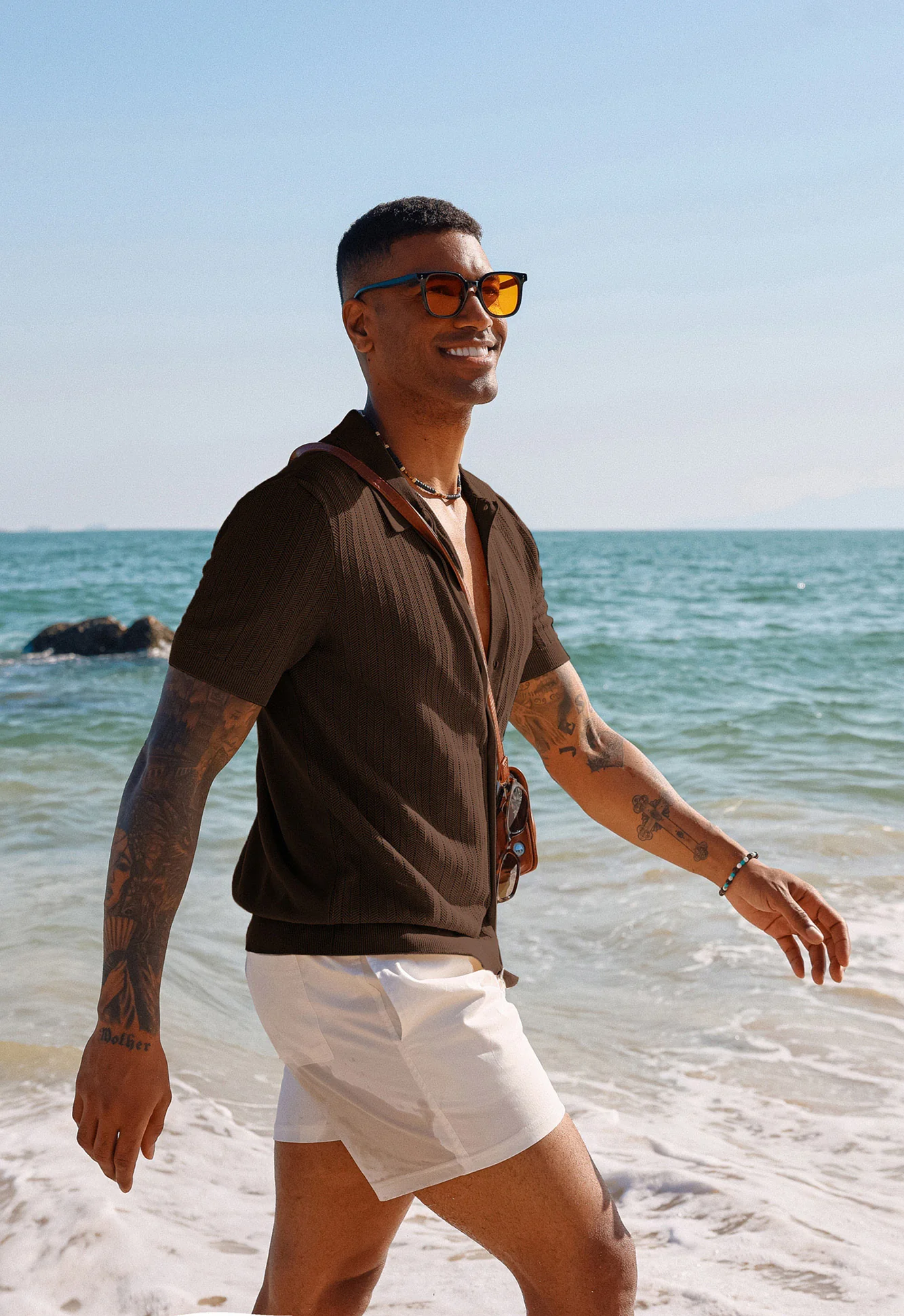 Mens Knit Polo Shirts Hollow Out Short Sleeve Lapel Collar Button-up Front Polo Cardigan Shirt - Image 17
