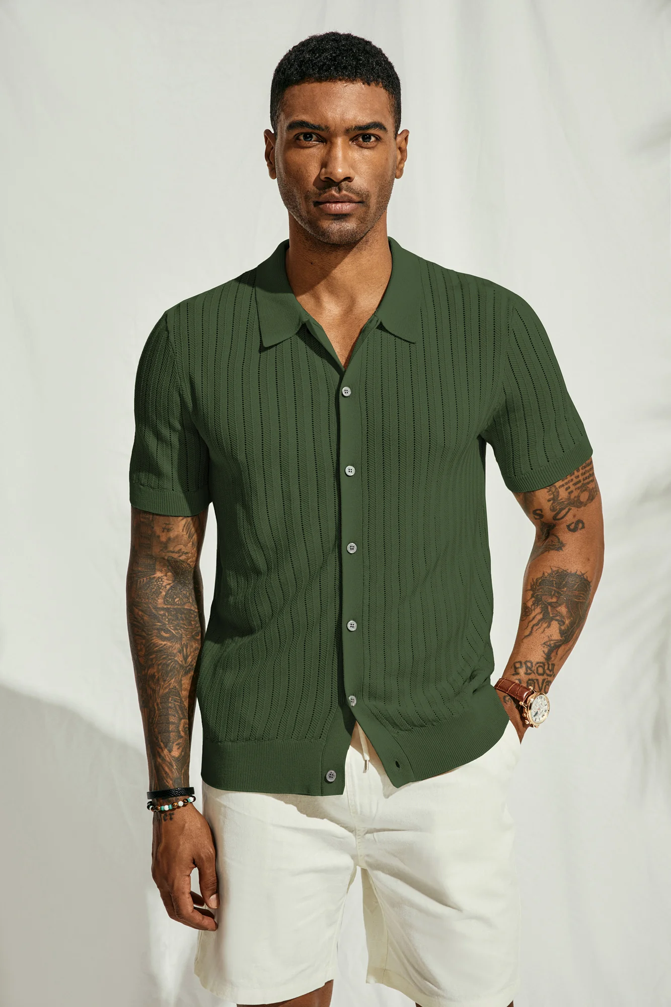 Mens Knit Polo Shirts Hollow Out Short Sleeve Lapel Collar Button-up Front Polo Cardigan Shirt - Image 42