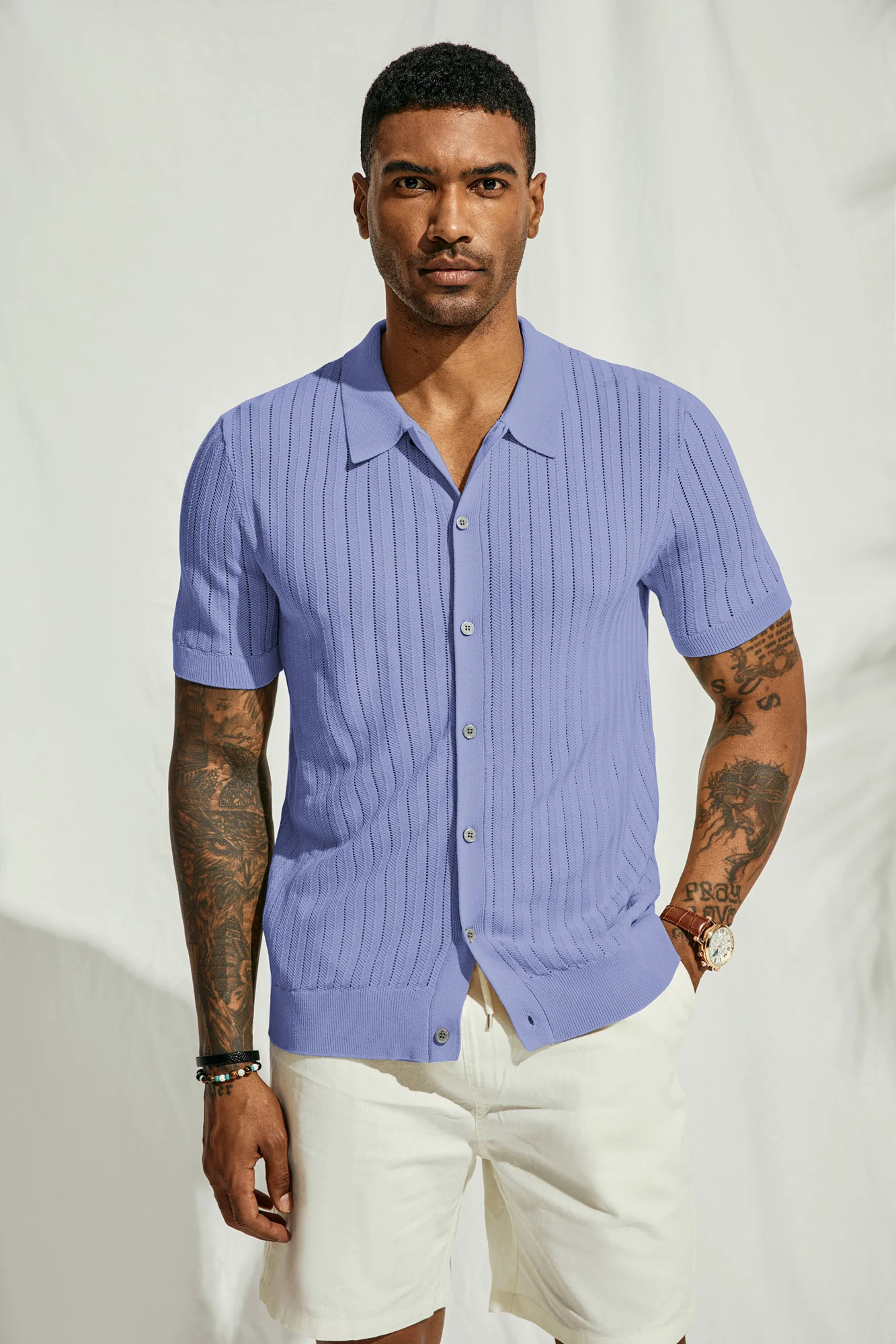 Mens Knit Polo Shirts Hollow Out Short Sleeve Lapel Collar Button-up Front Polo Cardigan Shirt - Image 47