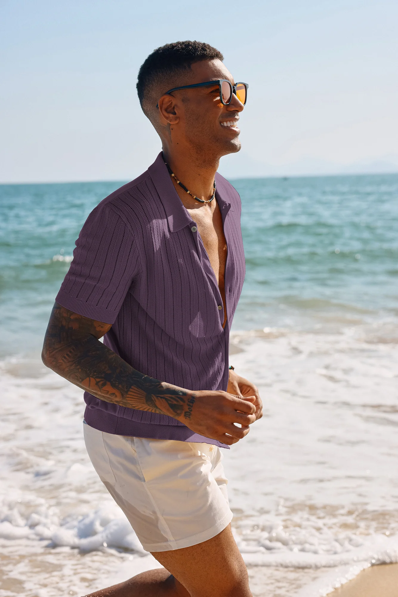 Mens Knit Polo Shirts Hollow Out Short Sleeve Lapel Collar Button-up Front Polo Cardigan Shirt - Image 51