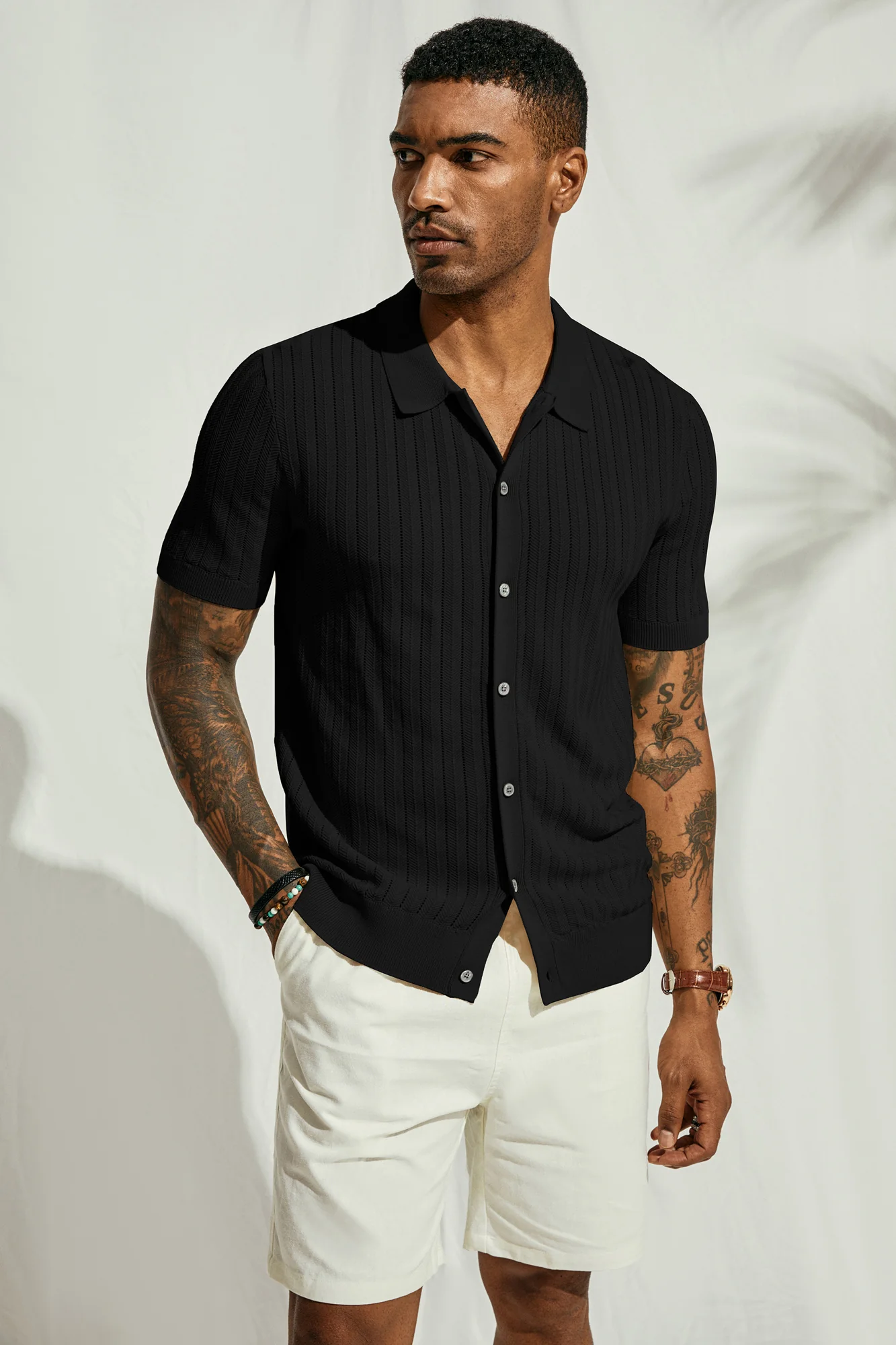 Mens Knit Polo Shirts Hollow Out Short Sleeve Lapel Collar Button-up Front Polo Cardigan Shirt - Image 6