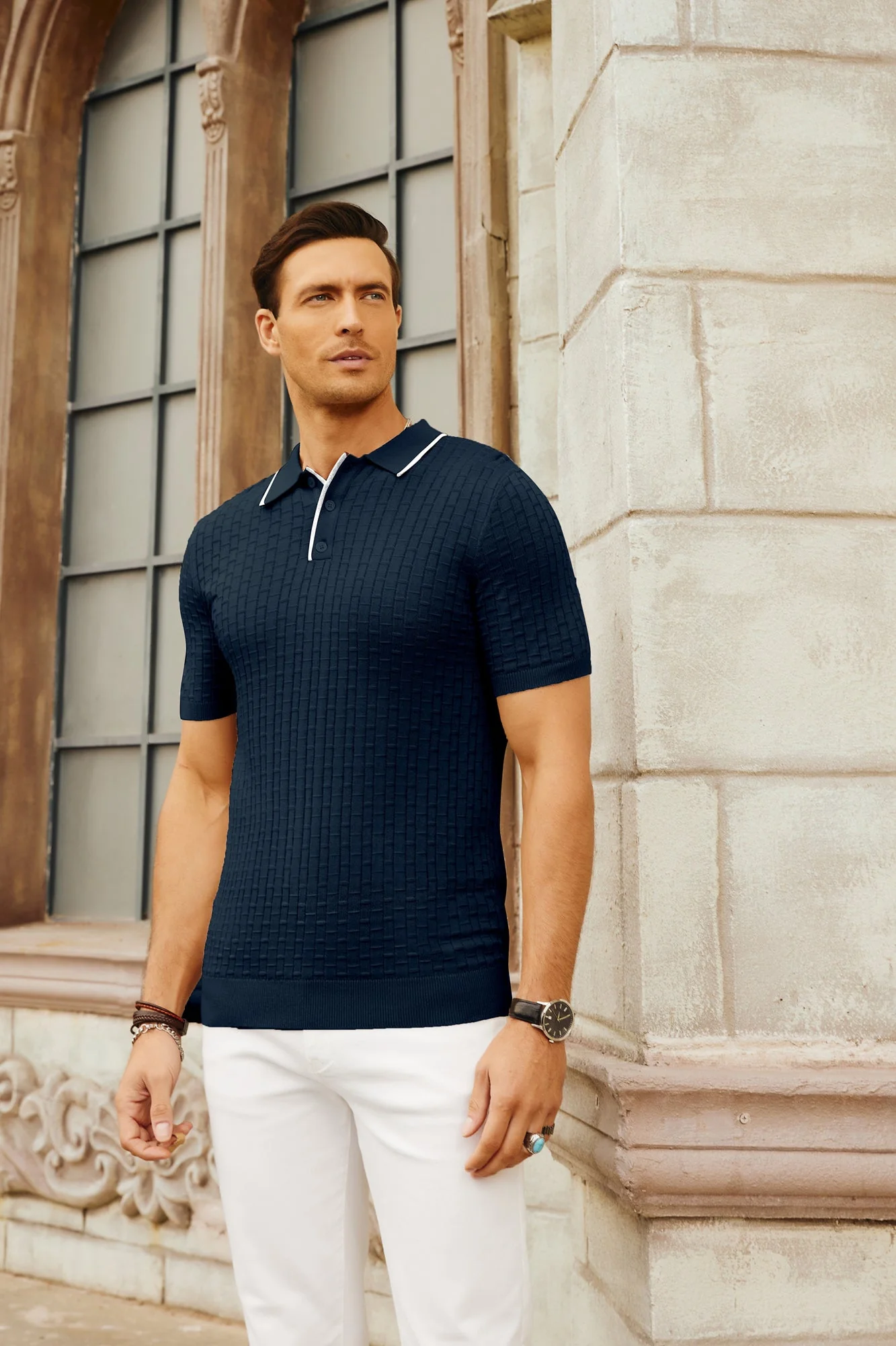Mens Knitted Polo Shirts Short Sleeve Texture Golf Polo Pullover Shirts Casual Breathable Polo Shirts - Image 12