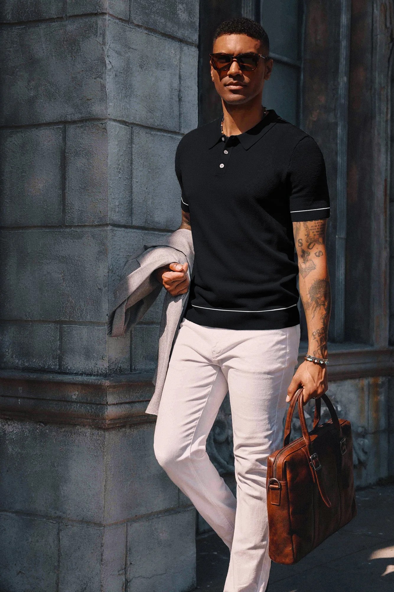 Mens Knitted Polo Shirts Short Sleeve Textured Pullover Golf Polo Casual T Shirts - Image 6