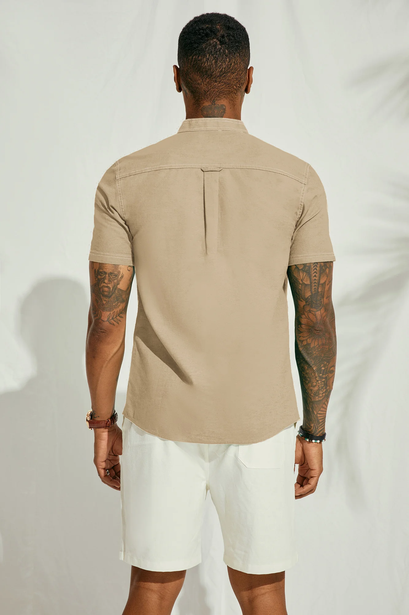 Mens Linen Henley Shirts Band Collar Short Sleeve Hippie Beach Shirts - Image 7