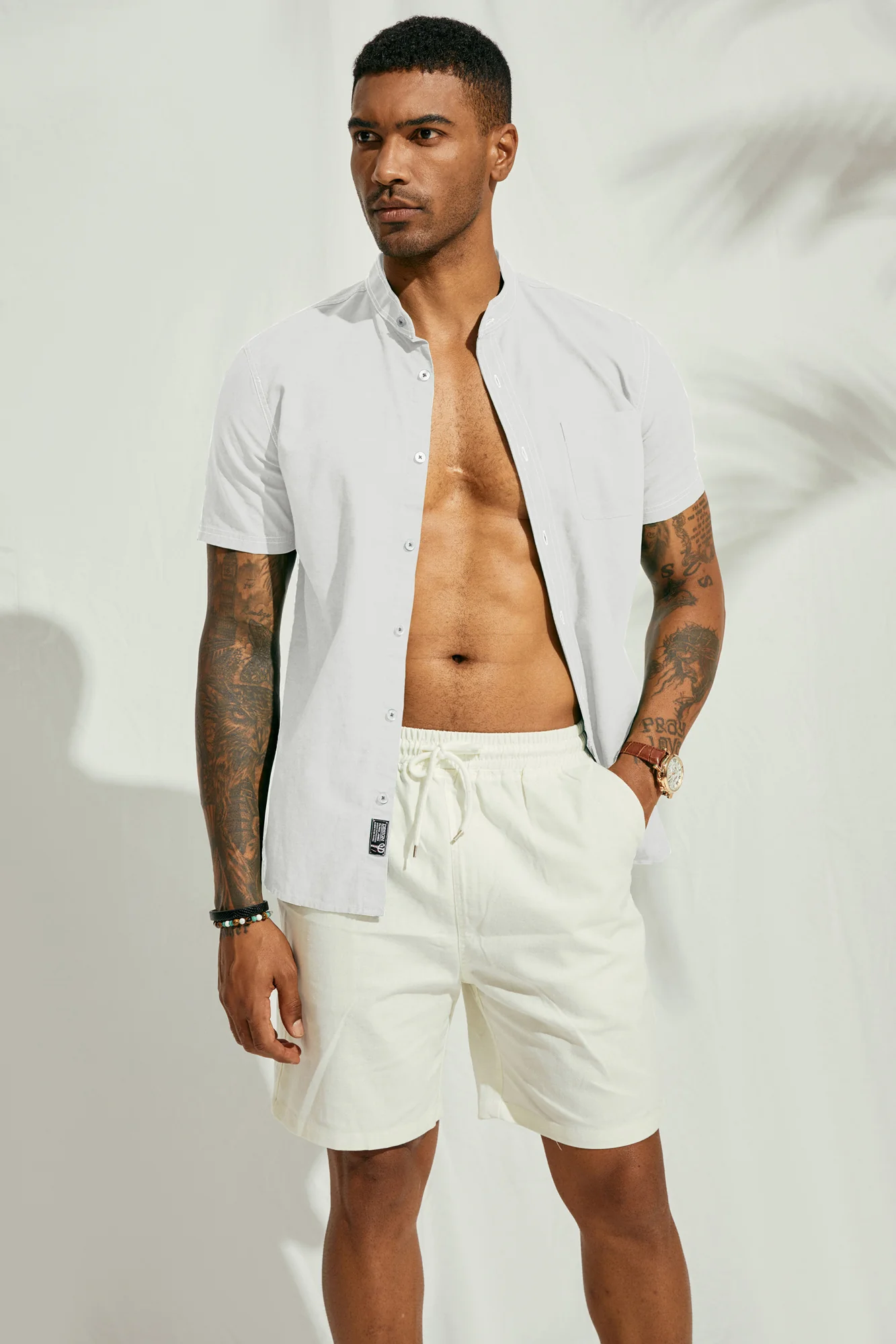 Mens Linen Henley Shirts Band Collar Short Sleeve Hippie Beach Shirts - Image 9