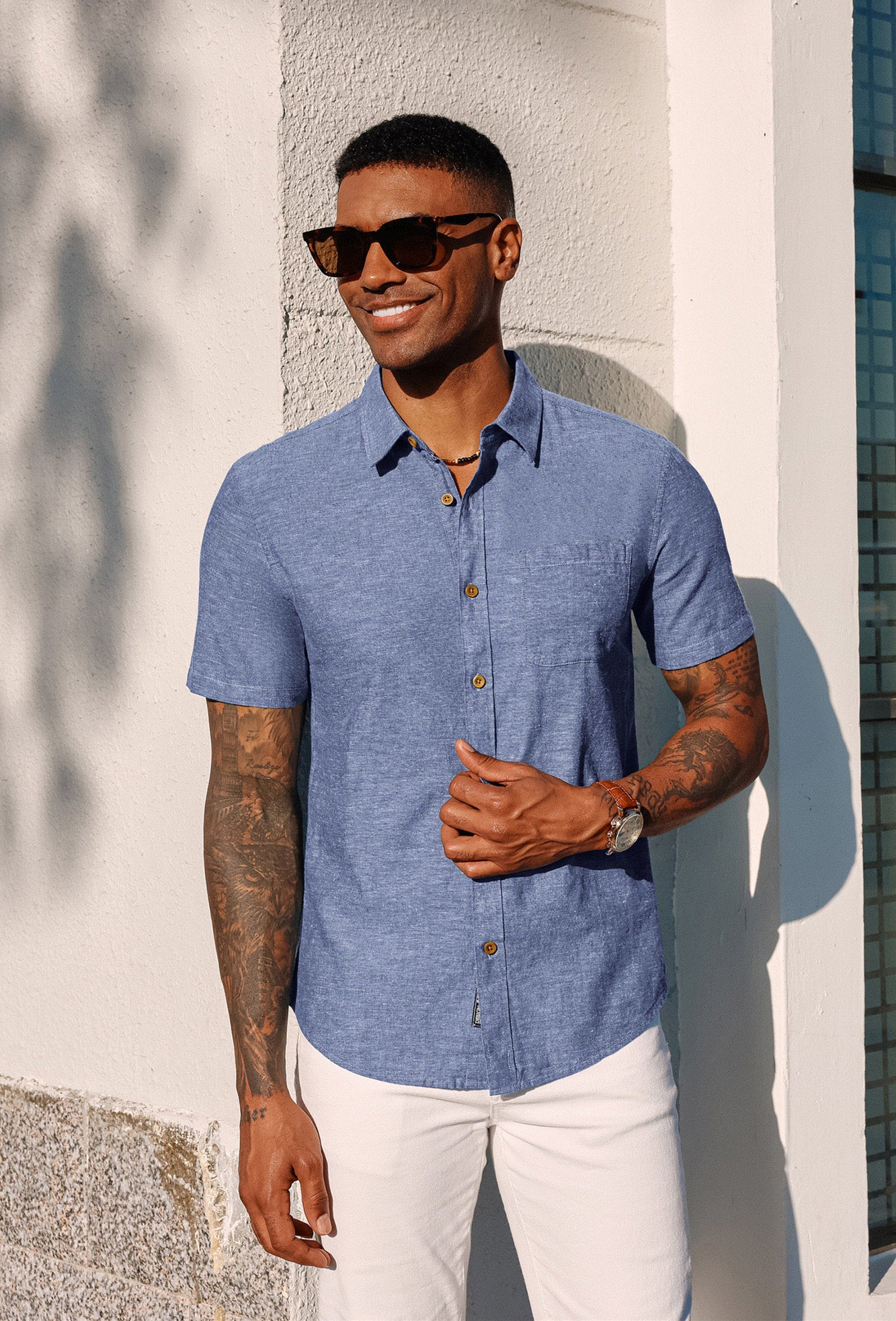 Men's Linen Shirts Short Sleeve Casual Button Down Cardigan Shirts Summer Beach Shirts - Image 34