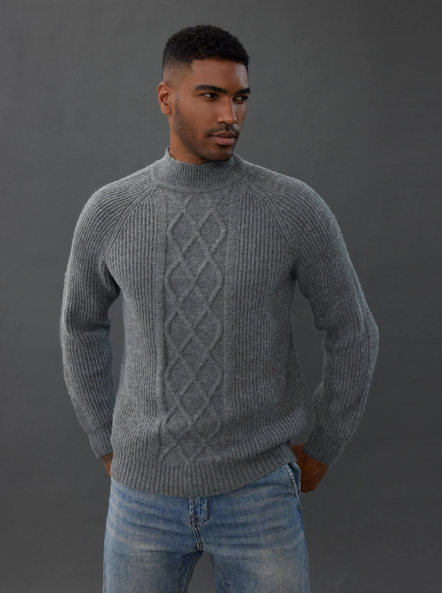 Men's Mock Neck Sweater Casual Cable Twisted Knitted Pullover Sweater - Image 5