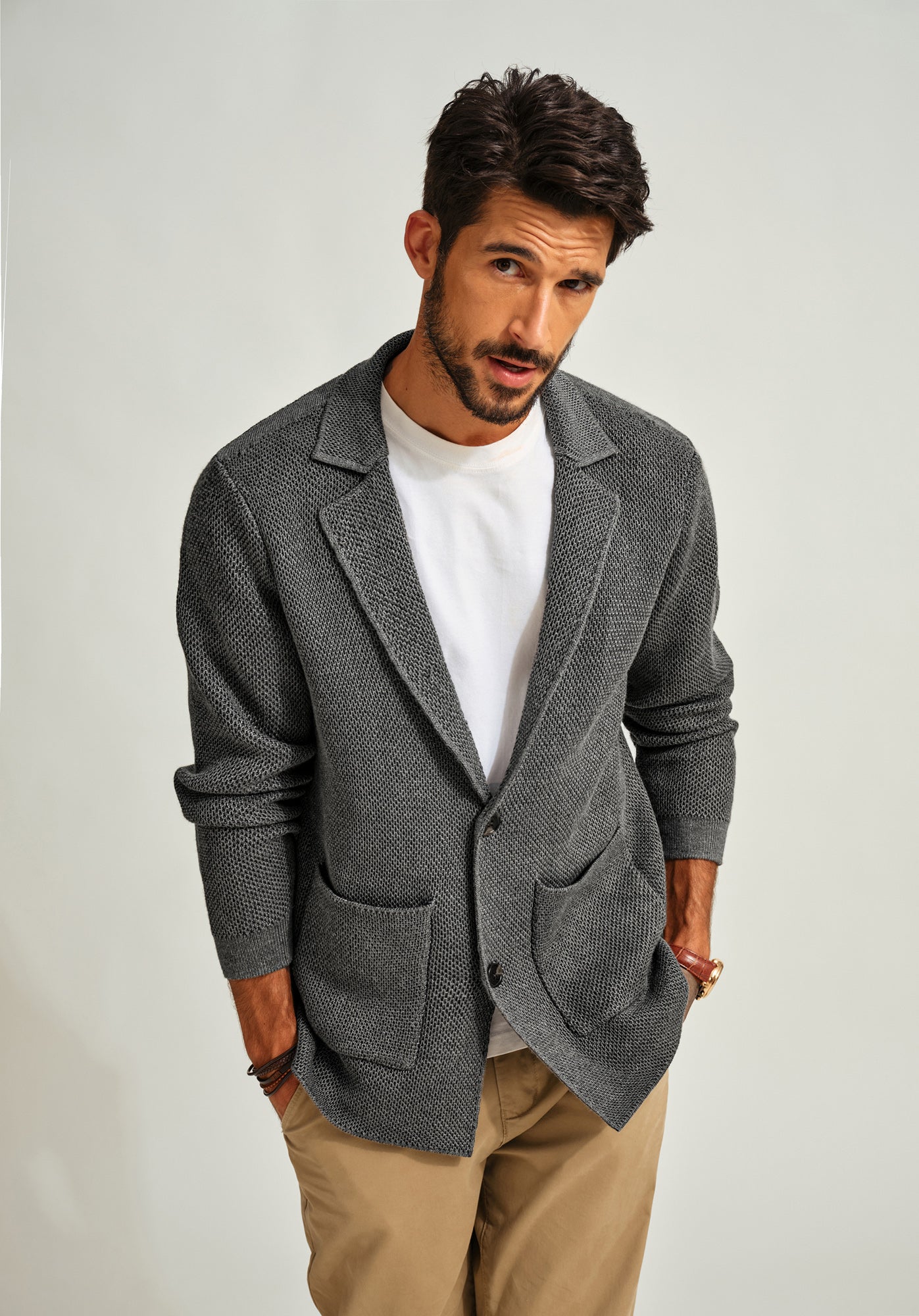 Mens Notch Collar Cardigan Sweaters Knit Textured Sweater Button Down Blazer with Pockets - Image 14