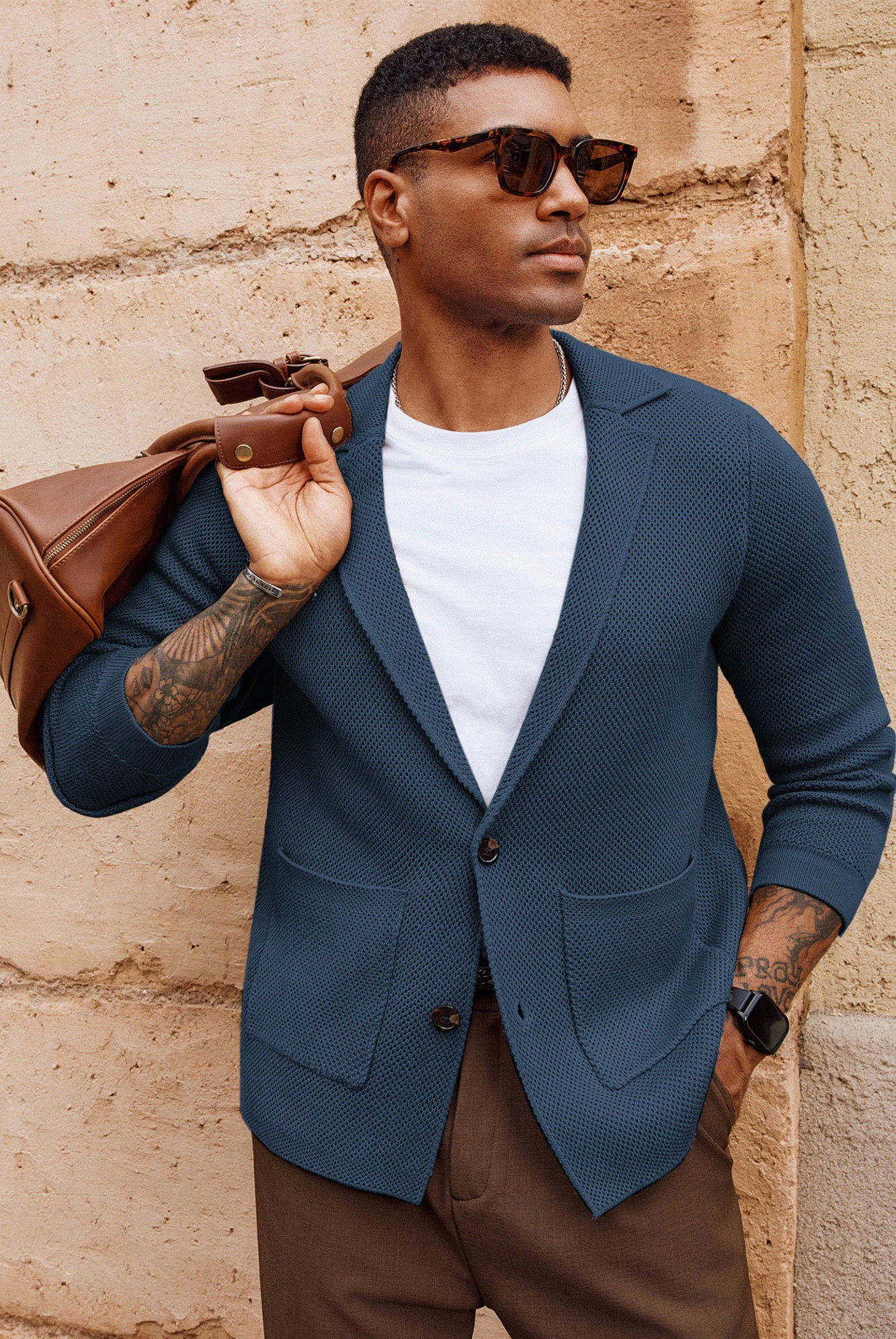 Mens Notch Collar Cardigan Sweaters Knit Textured Sweater Button Down Blazer with Pockets - Image 25