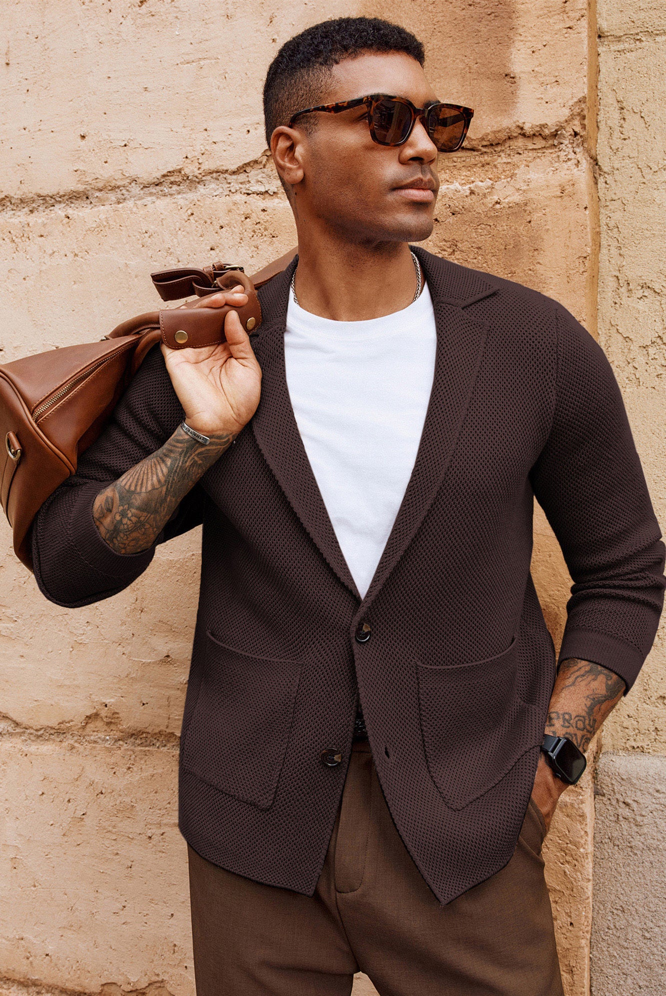 Mens Notch Collar Cardigan Sweaters Knit Textured Sweater Button Down Blazer with Pockets - Image 34