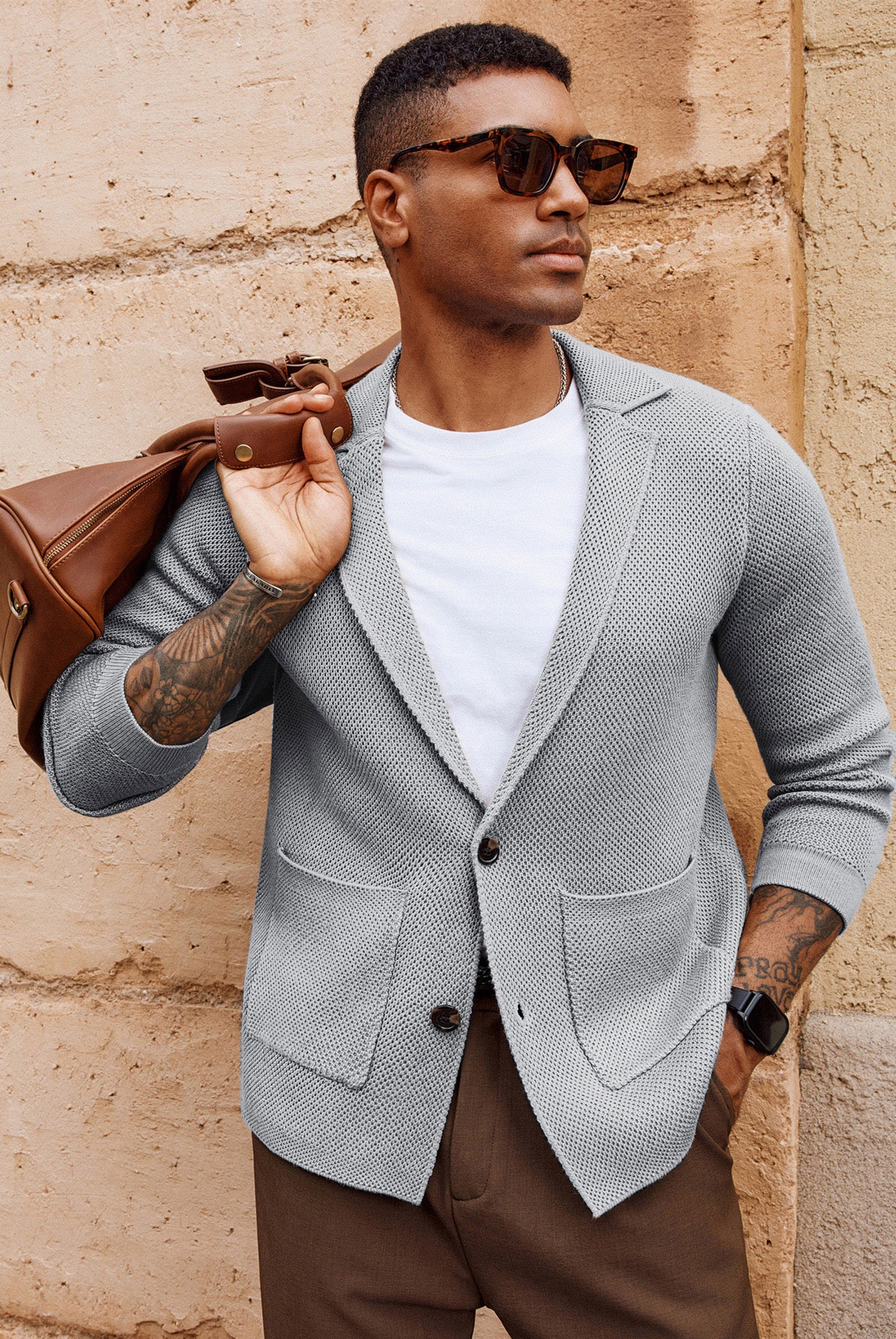 Mens Notch Collar Cardigan Sweaters Knit Textured Sweater Button Down Blazer with Pockets - Image 38