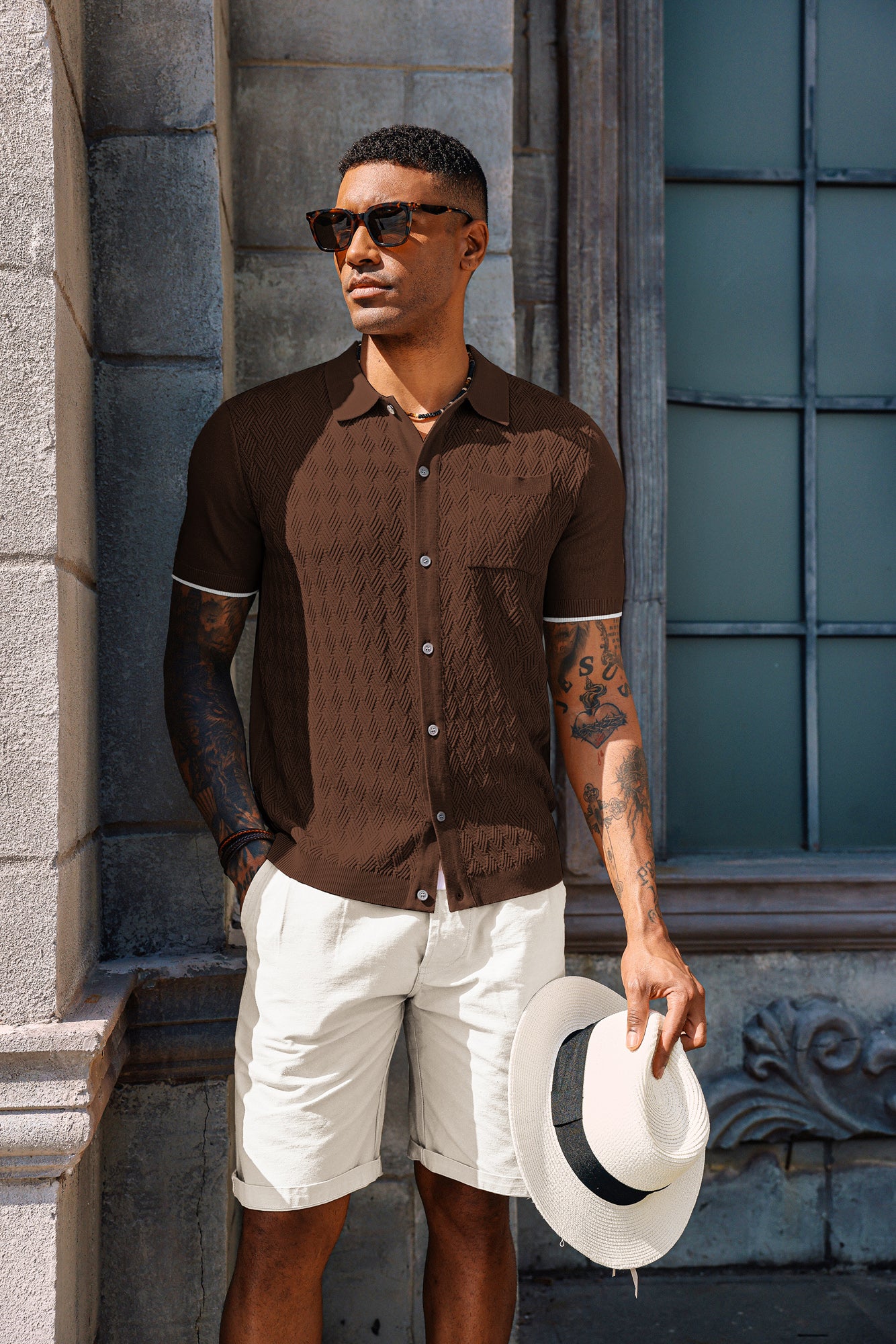 Men's Polo Cardigan Shirt Short Sleeve Textured Button Down Knit Polo Shirts - Image 20