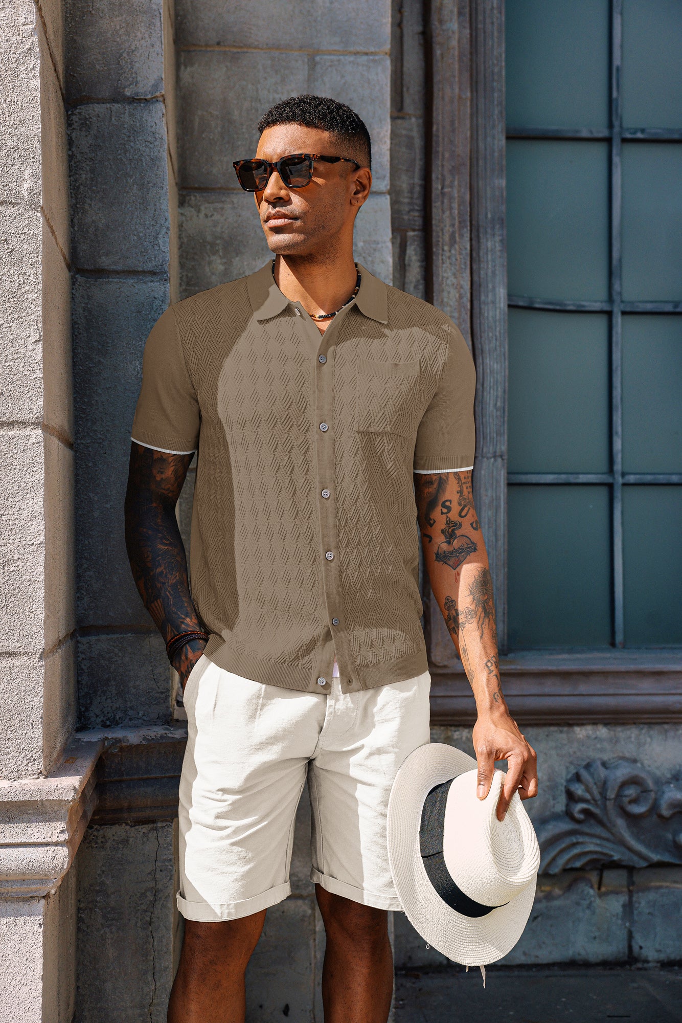 Men's Polo Cardigan Shirt Short Sleeve Textured Button Down Knit Polo Shirts - Image 32