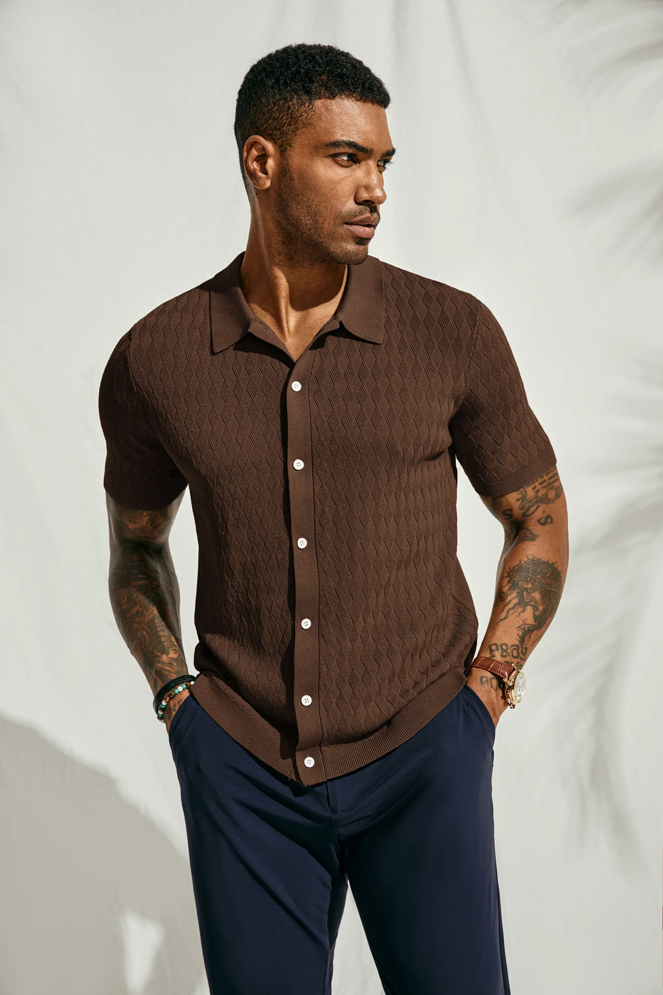 Mens Polo Cardigan Shirts Vintage Argyle Short Sleeve Knitting Golf Shirts - Image 12
