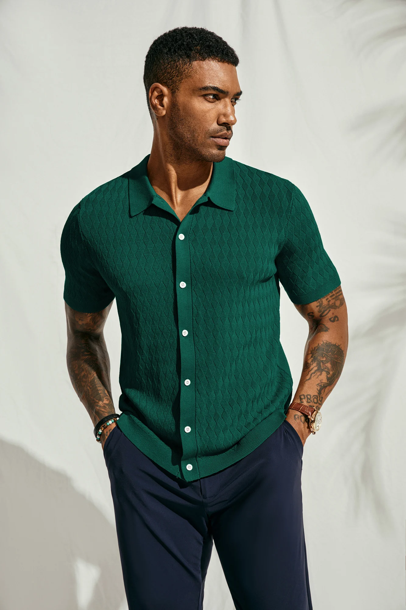Mens Polo Cardigan Shirts Vintage Argyle Short Sleeve Knitting Golf Shirts - Image 15